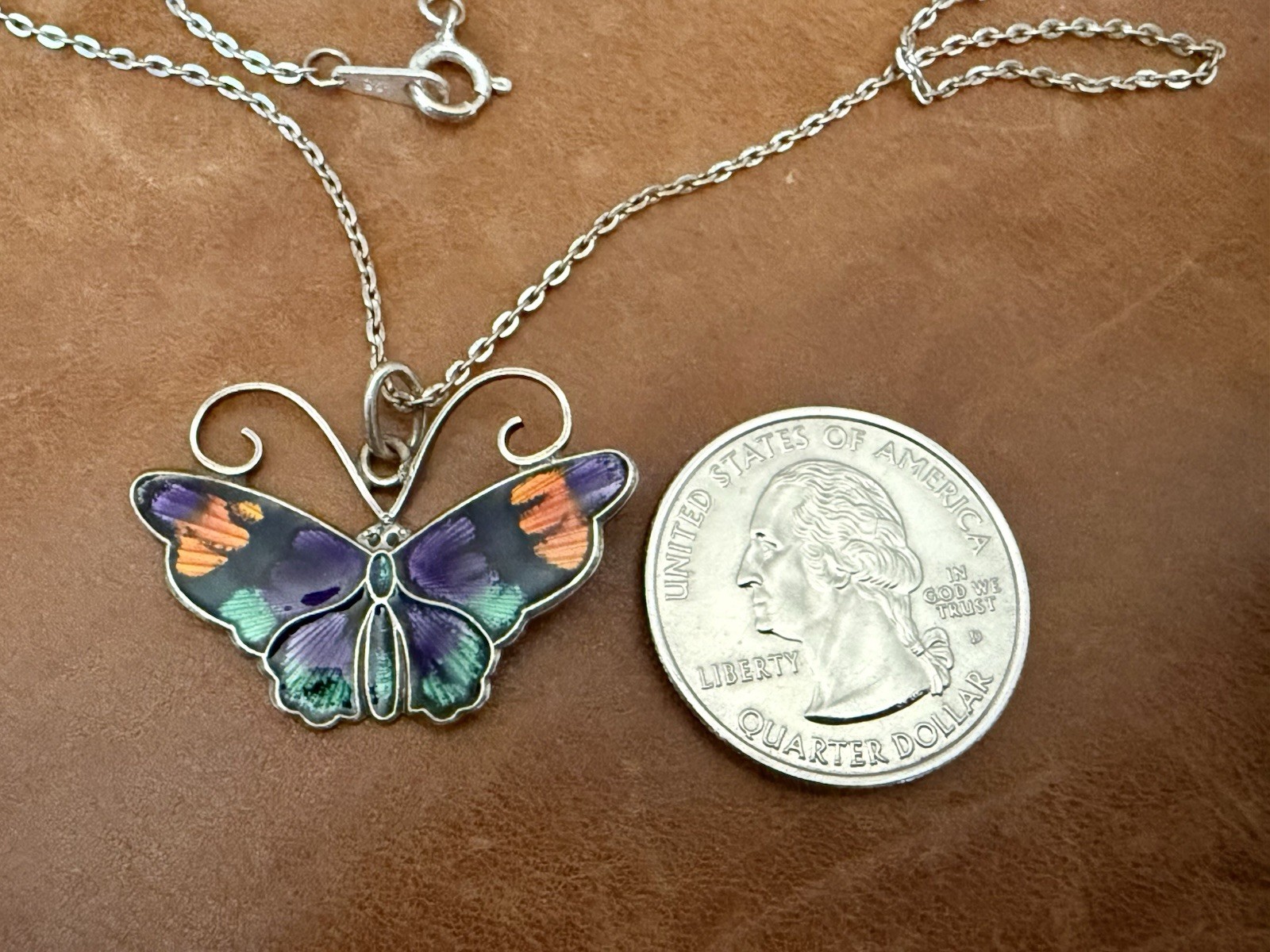 David-Andersen 925S Multi-Color Guilloche Enamel Butterfly Pendant Necklace 18”