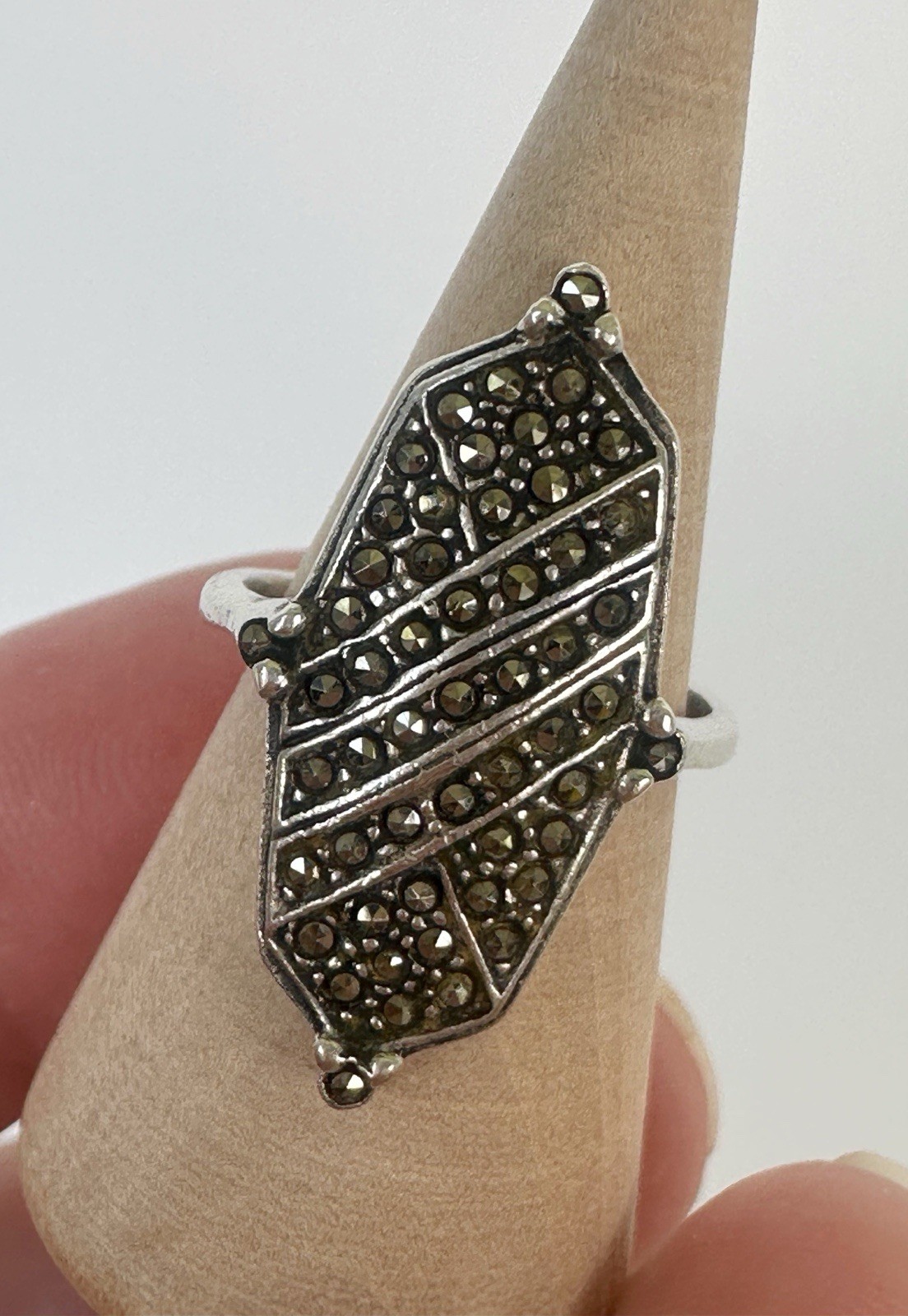Vintage 925 Silver Art Deco Pavé Marcasite Navette Cocktail Ring Size 5.5