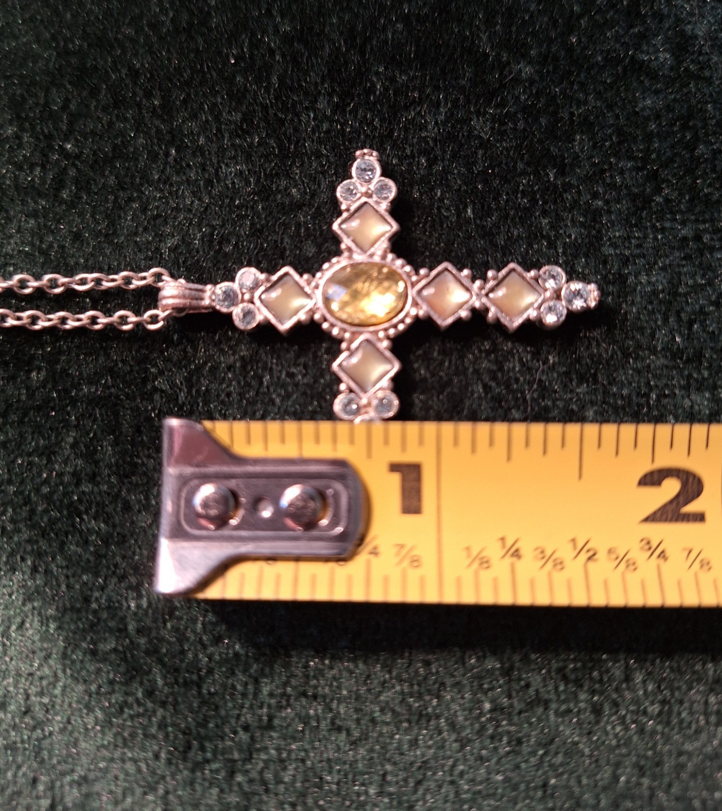 Vtg Premier Design Silver-tone Faux Citrine & Peridot Cross Pendant Necklace