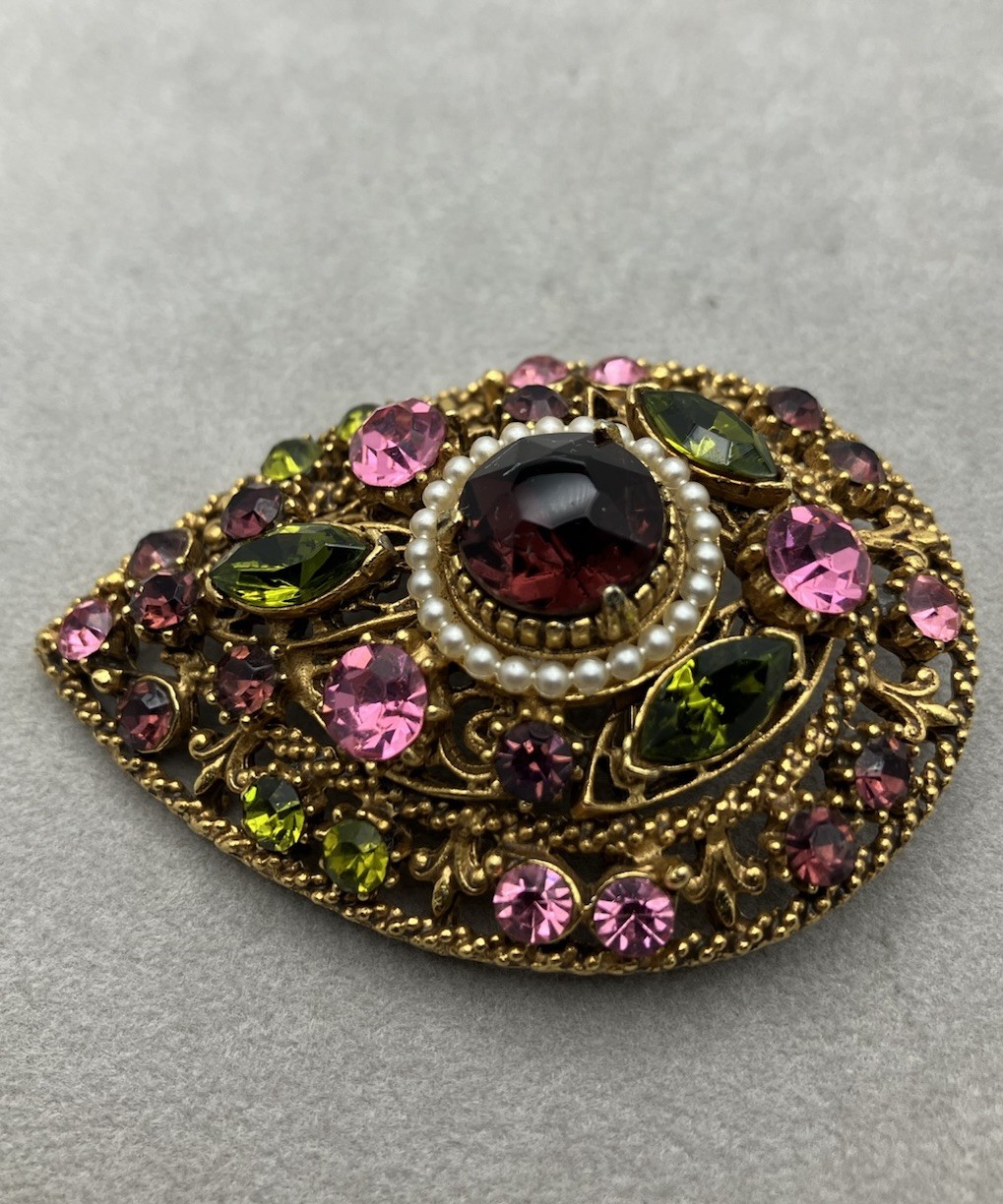 Vintage Goldtone Florenza Brooch Purple/Green Rhinestone Faux Pearls 2.25 Inch