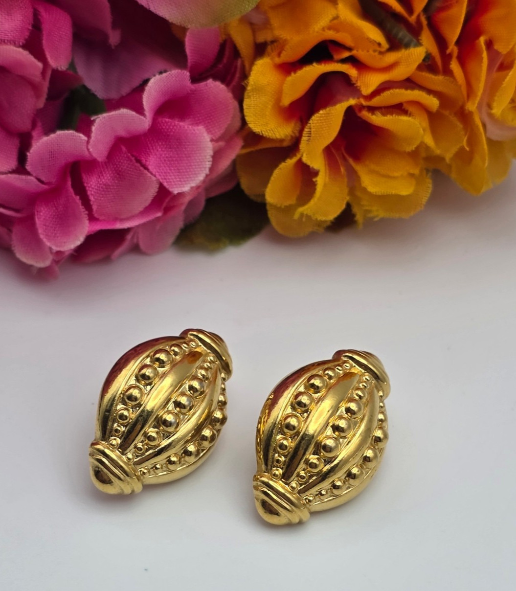 Vintage Napier Gold Tone Etruscan Granulated Olive Barrel Stud Earrings 30mm