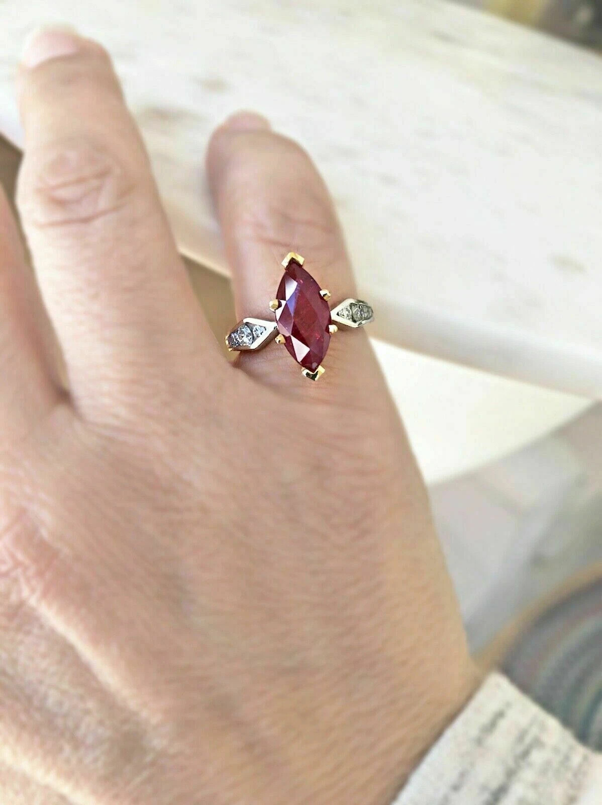 Art Deco Marquise Cut Ruby Lab Created Diamond 14K White Gold FN Engagement Ring