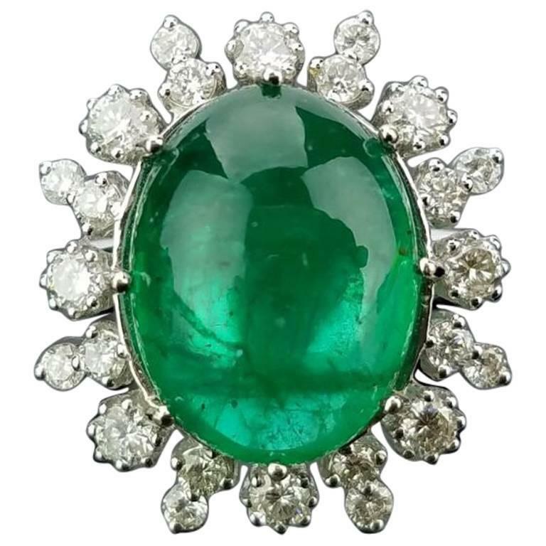 Light Deep Green 13.04 Carat Cabochon Emerald and 1.21CT Round CZ Cocktail Ring