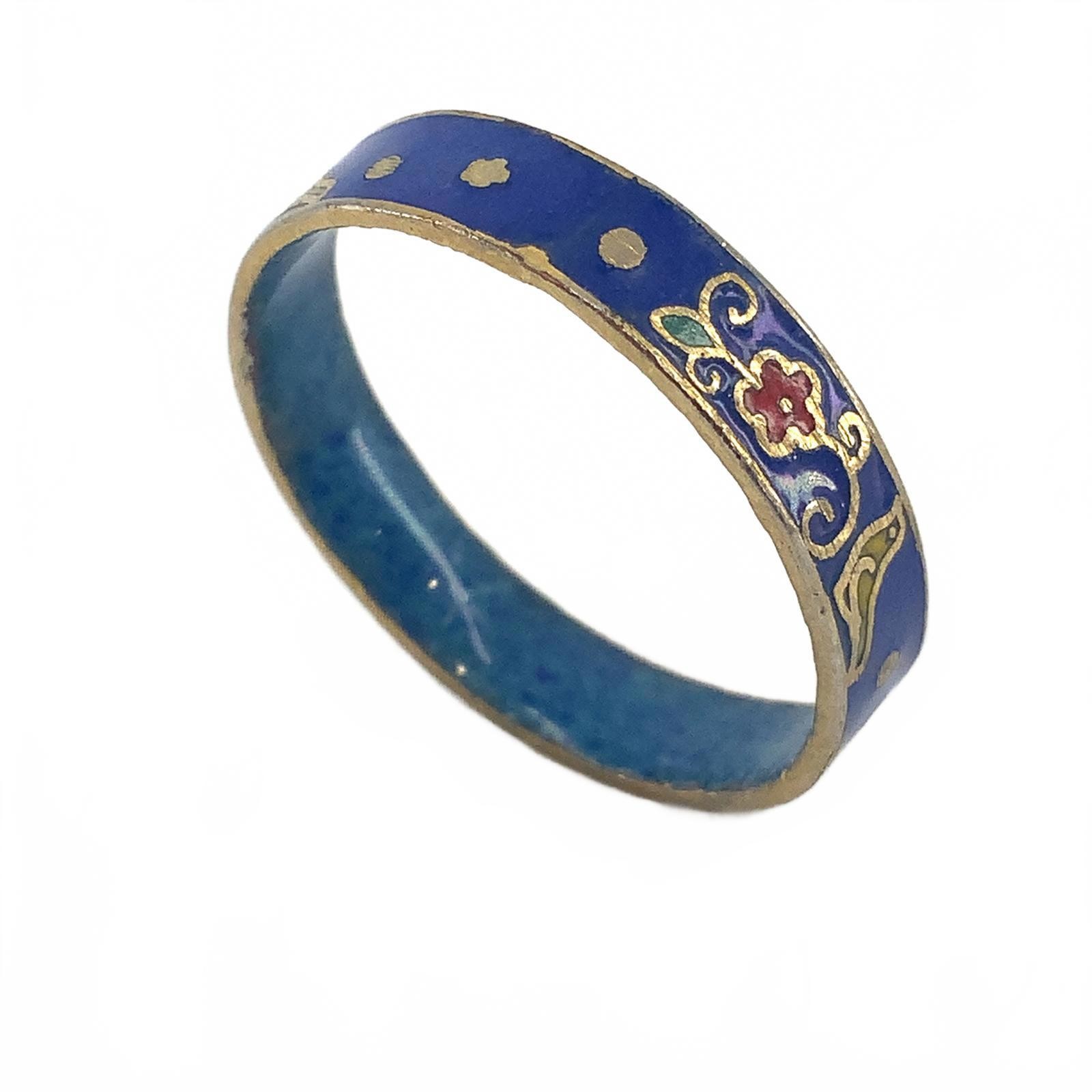Vintage Cloisonne Enamel Boho Floral Band Ring Blue Gold Tone Size 7.5 Stackable