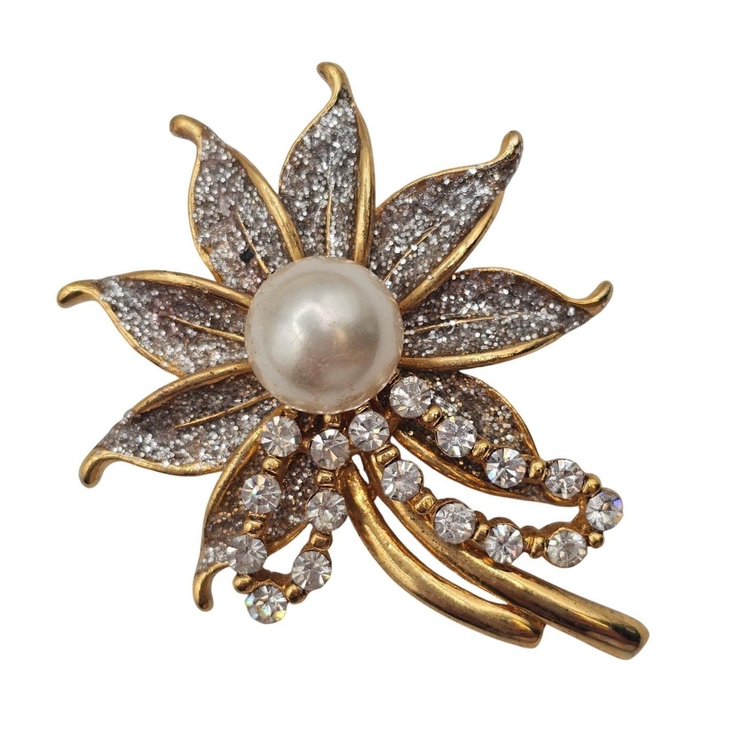 VTG Brooch Faux Pearl Floral Sparkle Rhinestone Gold Tone White Elegant Formal