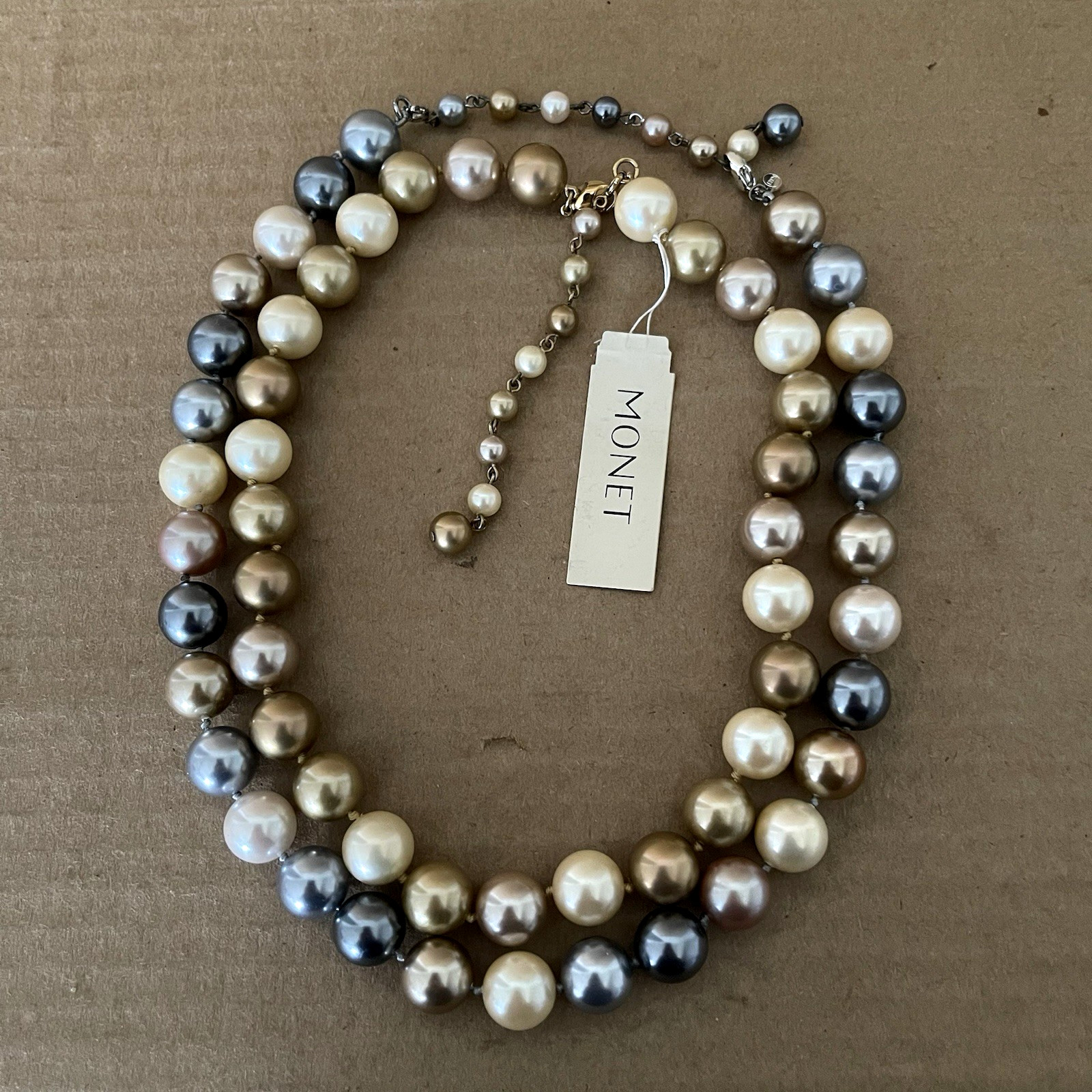 Vintage Monet Faux Pearl Necklace Set of 2 Multicolor Cream Gray Gold Jewelry