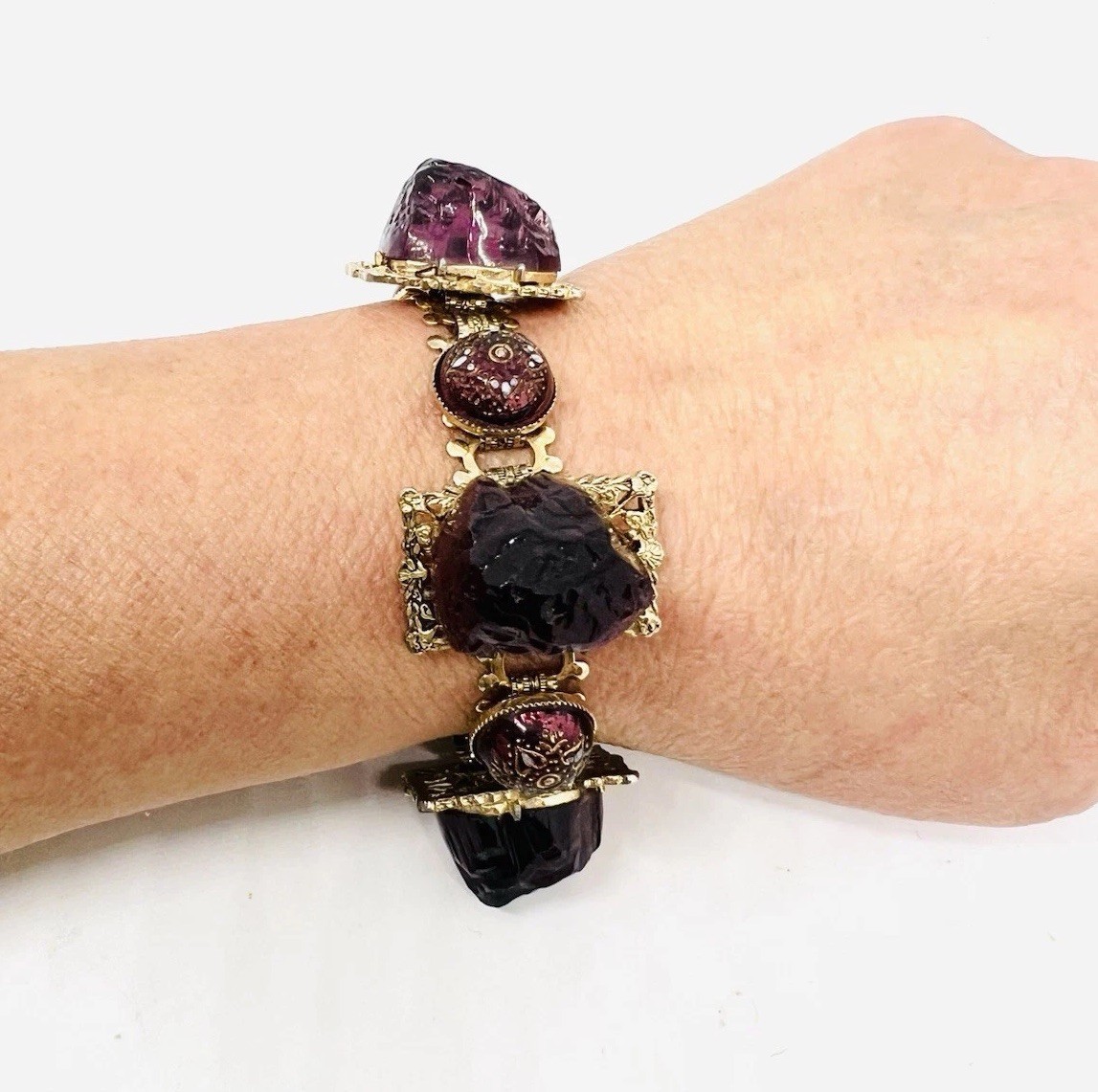Chunky Purple Molded Glass & Lava Rock 3D Book Chain Bracelet Vintage Jewelry