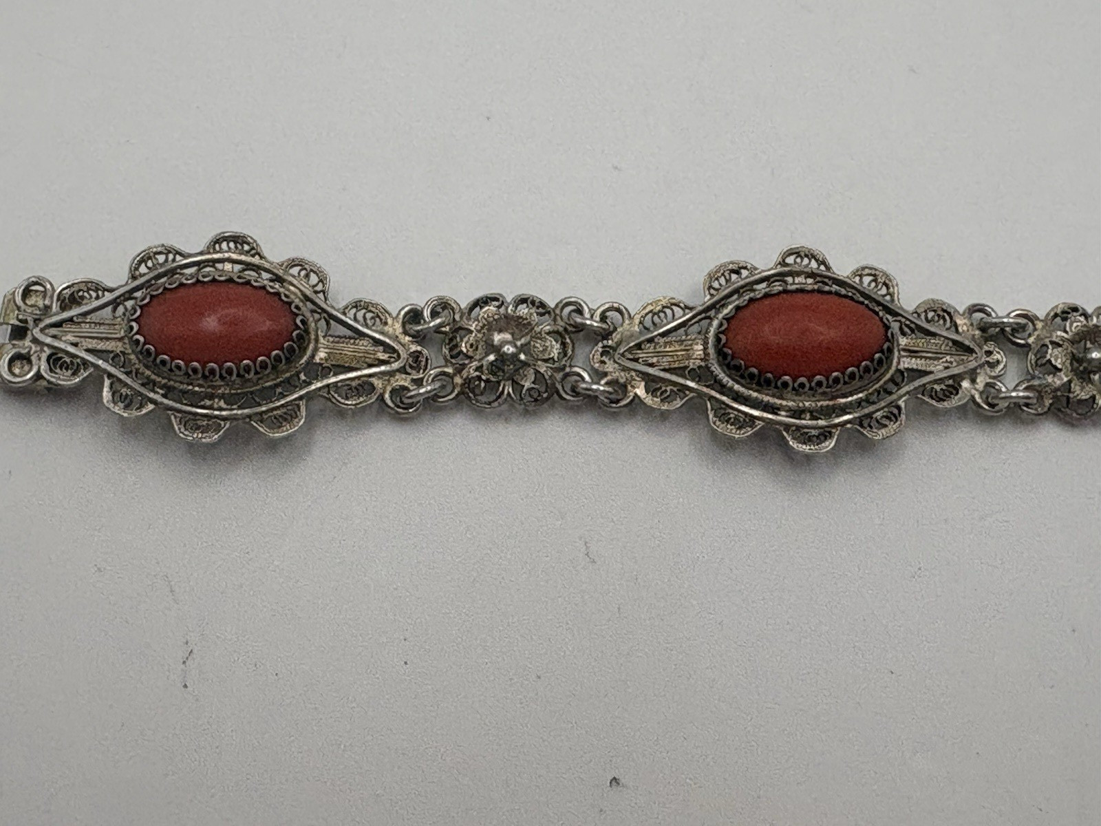 Antique 800 Silver Filigree Bracelet with Coral Cabochons 7 1/2″ Signed Etruscan