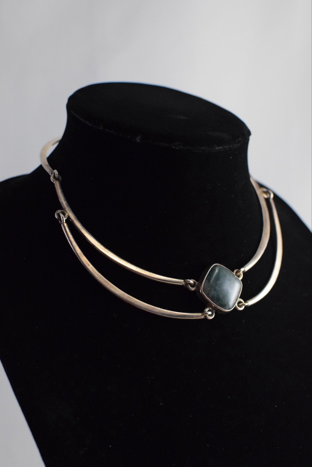 VTG Artisan Modernist MCM Green Stone Linked 925 Sterling Silver Necklace 56g