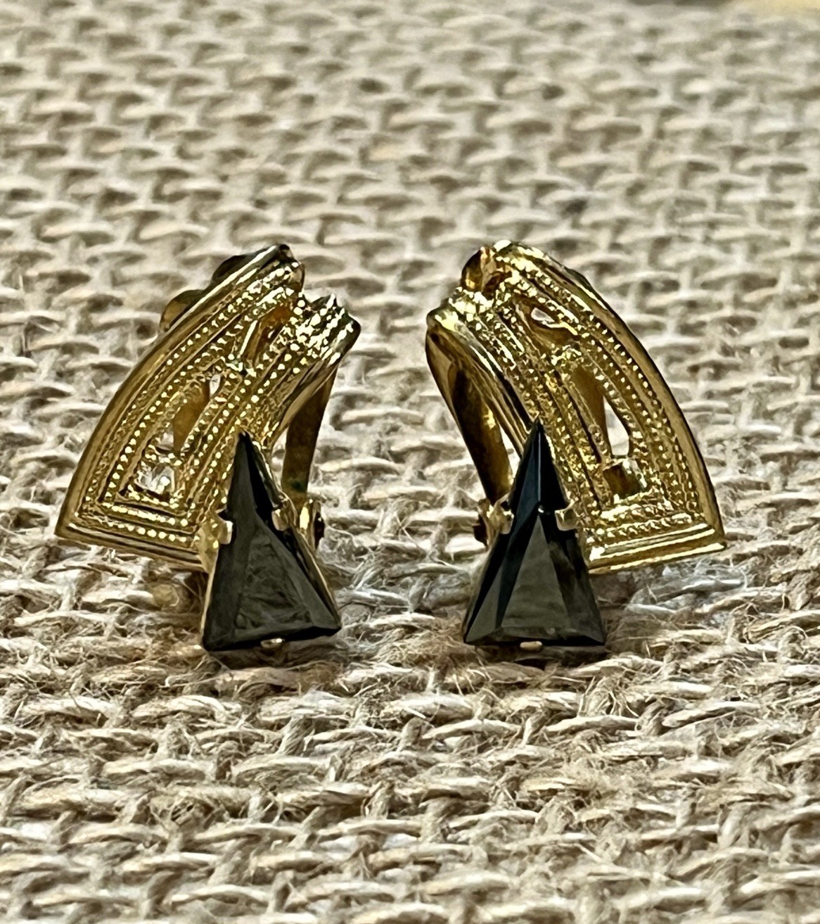 Vintage Art Deco Style Asymmetrical Gold Tone Clip On Earrings Signed