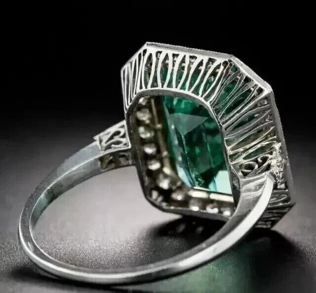 Vintage Art Deco Style 6.10Ct Lab Created Emerald & Diamond Wedding Silver Ring
