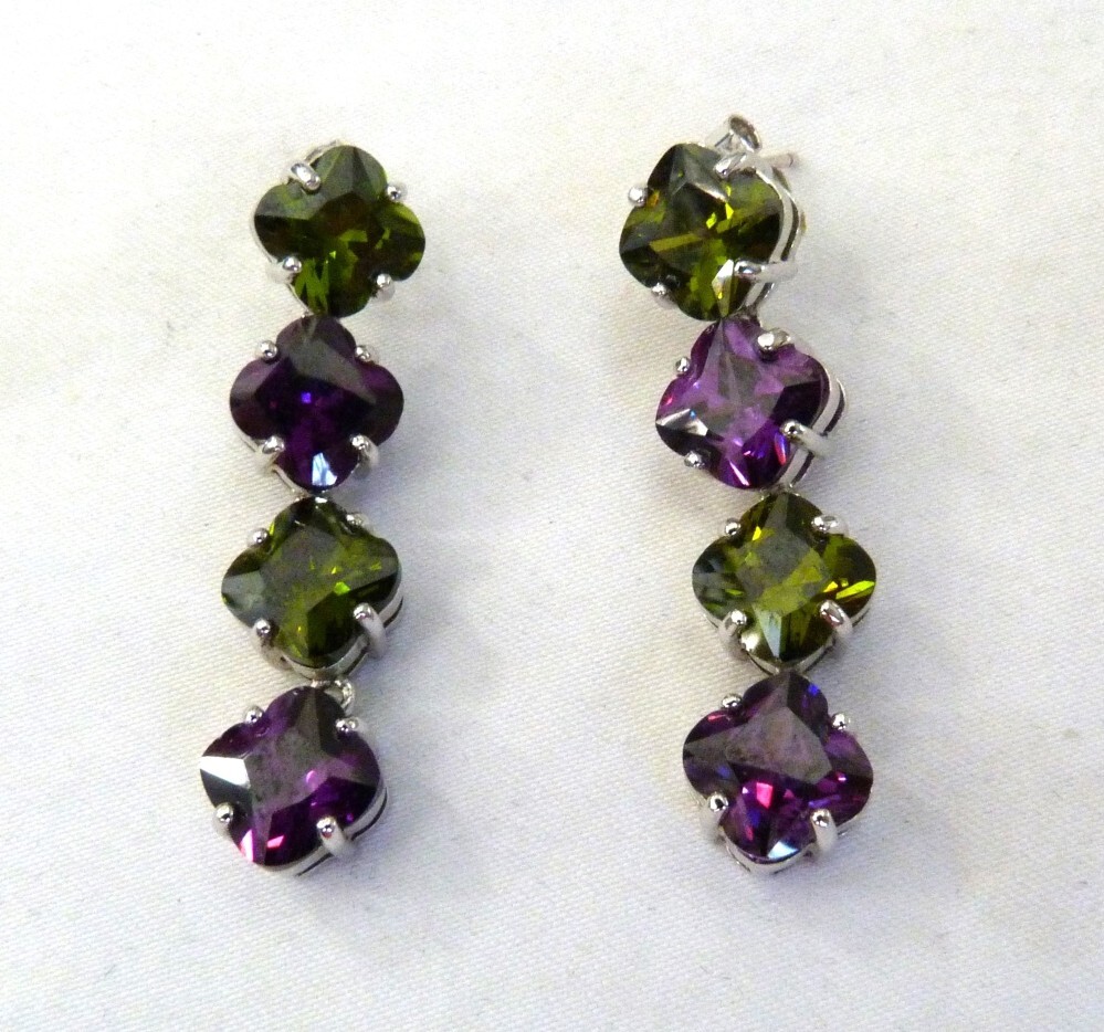 DESIGNER JJJ PURPLE & GREEN CRYSTALS STERLING SILVER DANGLE EARRINGS 1 5/8″ LONG