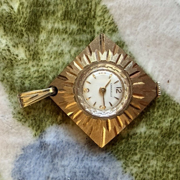 Caravelle Gold Tone Square Charm Pendant Watch Theme Signed Metal