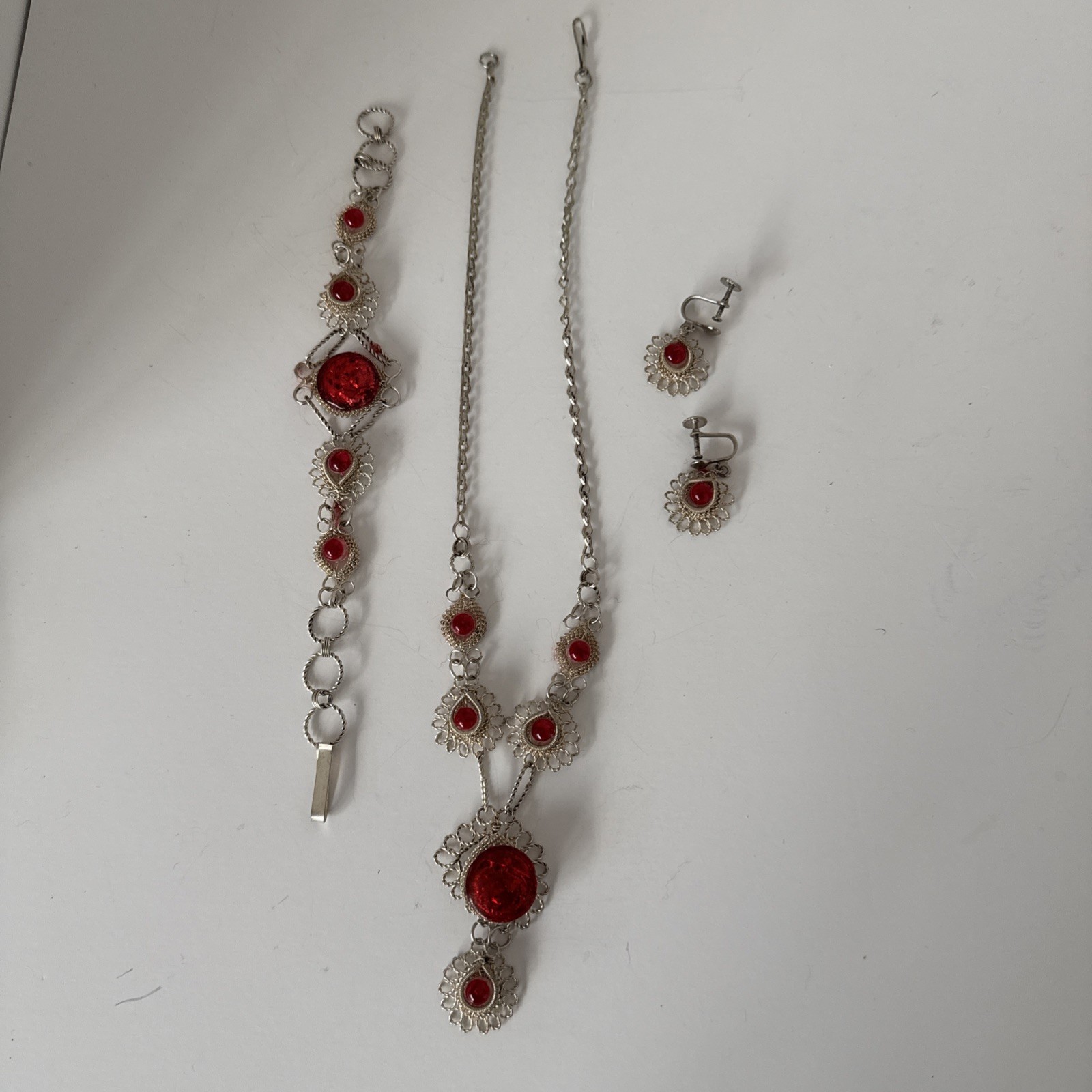Vintage Antique Silesian Iron Wirework Necklace & Bracelet, Faux Ruby And Silver