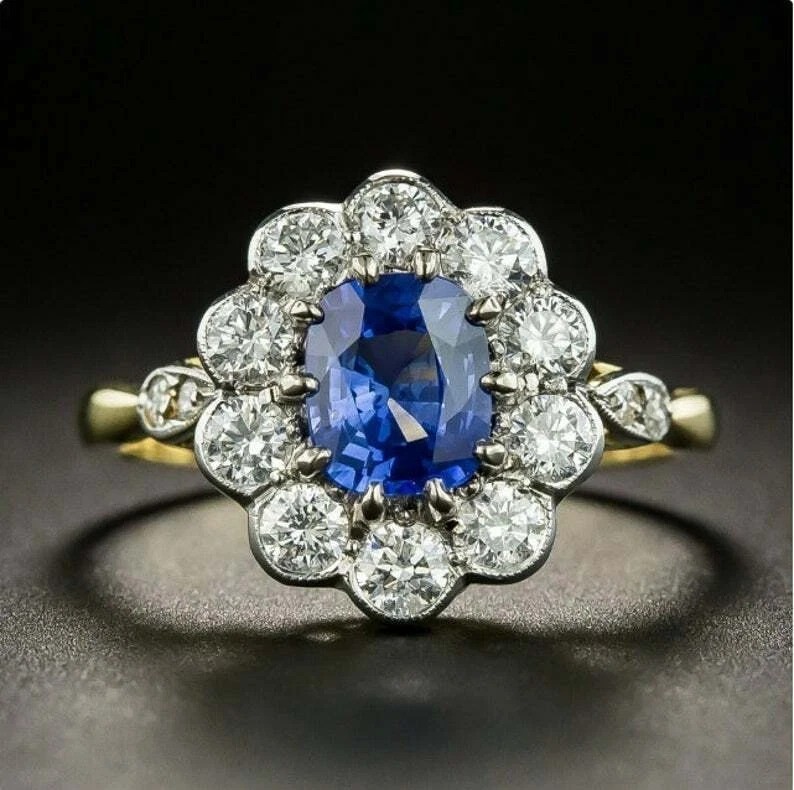 Art Deco Style Oval Cut Sapphire Lab Created Diamond 925 Silver Engagement Ring