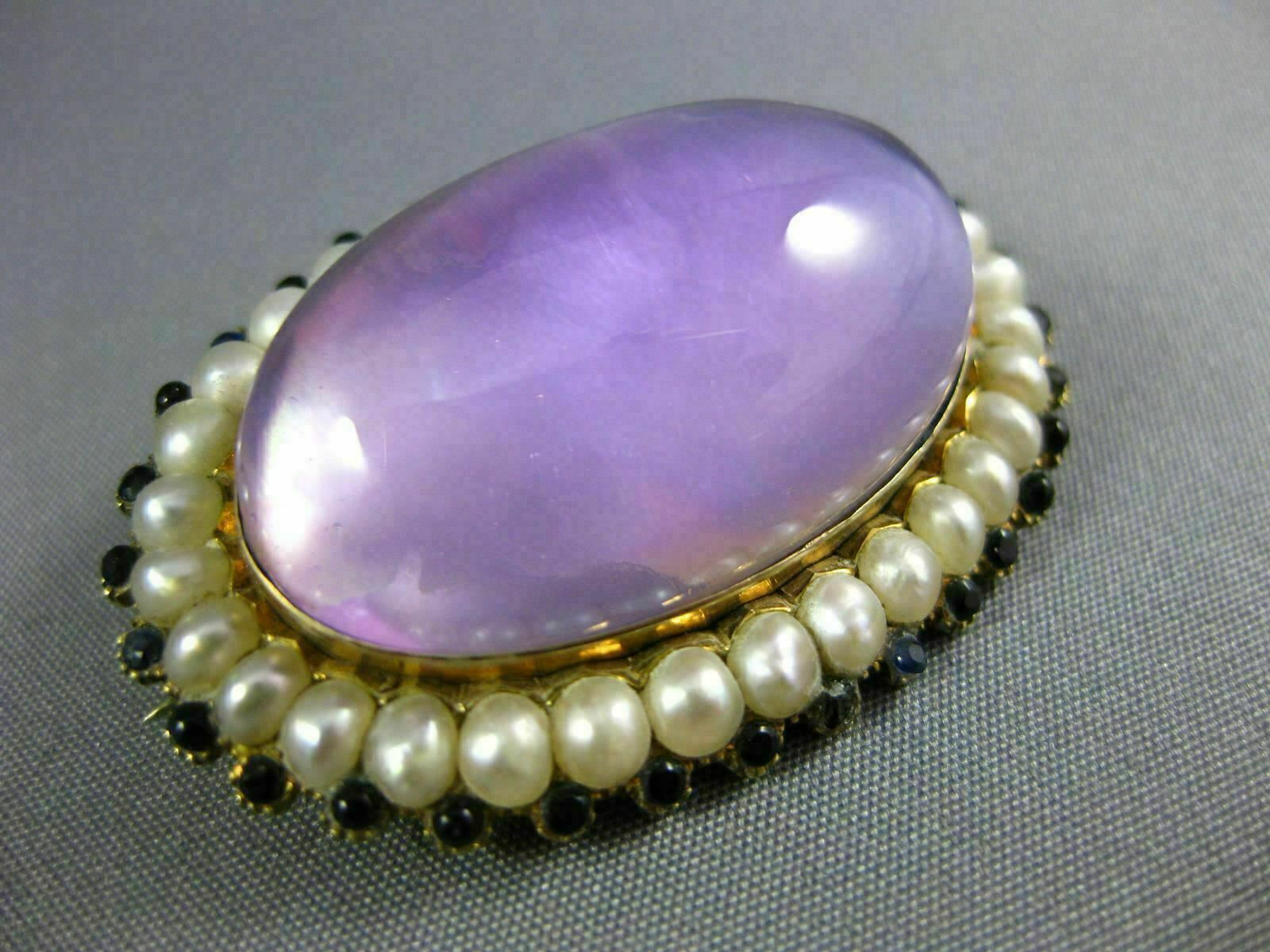 ANTIQUE EXTRA LARGE AAA AMETHYST SAPPHIRE & PEARL 14K YELLOW GOLD PENDANT BROOCH