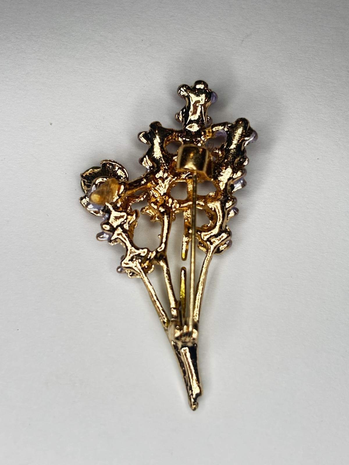 Lavender Flower Brooch Ladybug Rhinestone Gold Tone Floral Garden Pin 2.25”