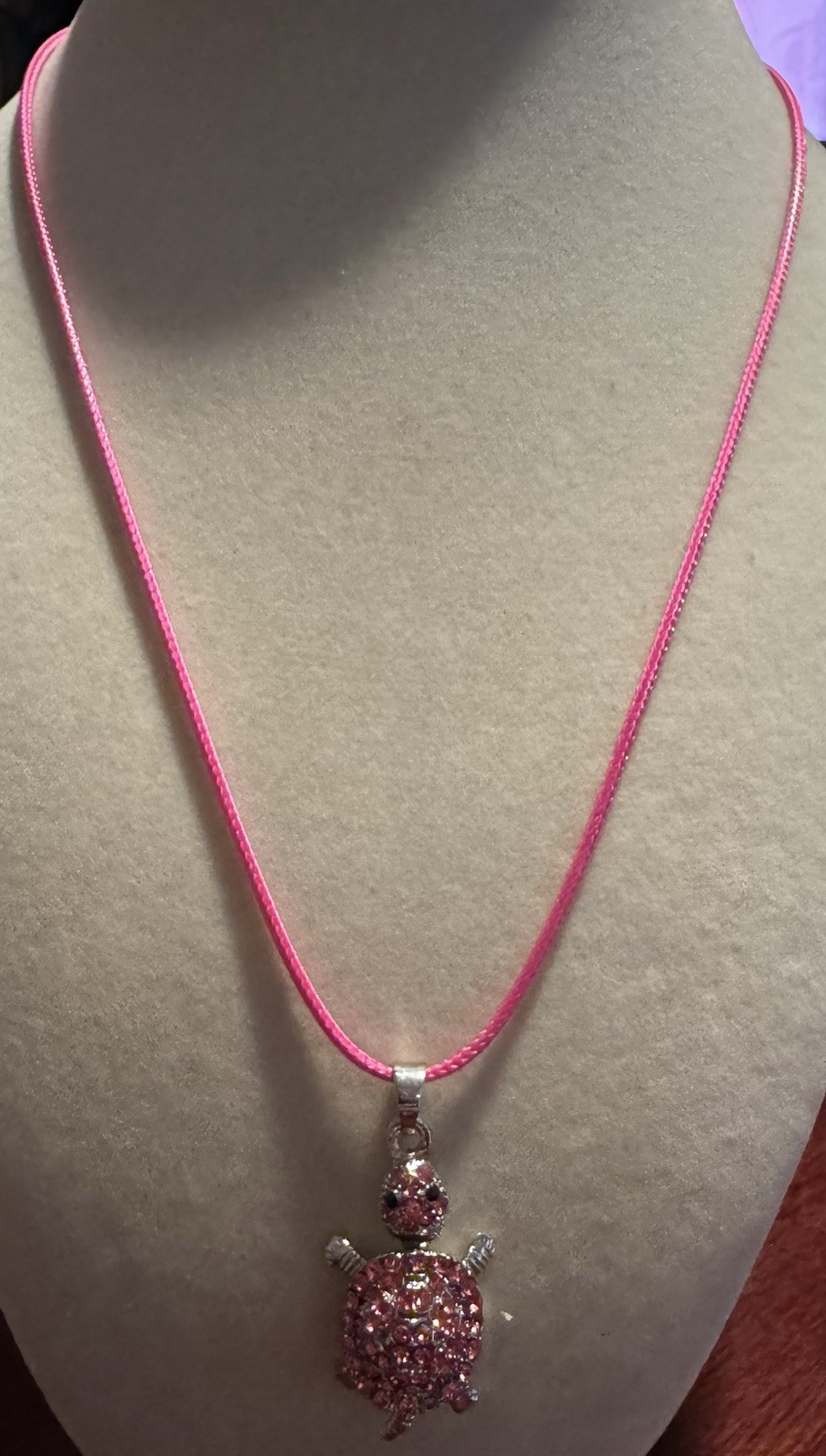 Vintage Silvertone & Pink Rhinestone Turtle Pendant On Pink Cord Necklace 16”