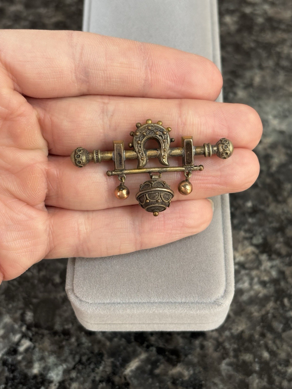 Antique Victorian Etruscan Horseshoe Rolled Gold Dangle Ball Brooch Pin Very Old