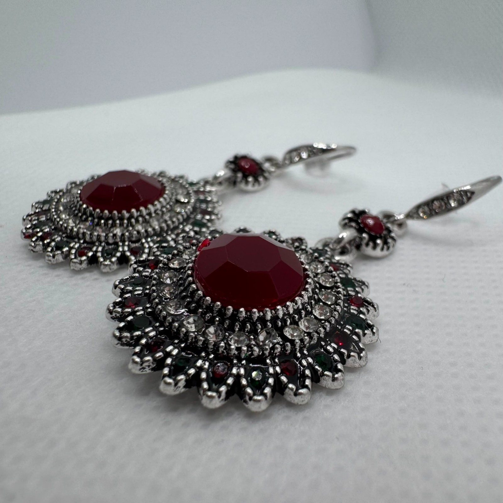 Vintage Ottoman Style Red Crystal Dangle Earrings Silver Tone Victorian Statemen