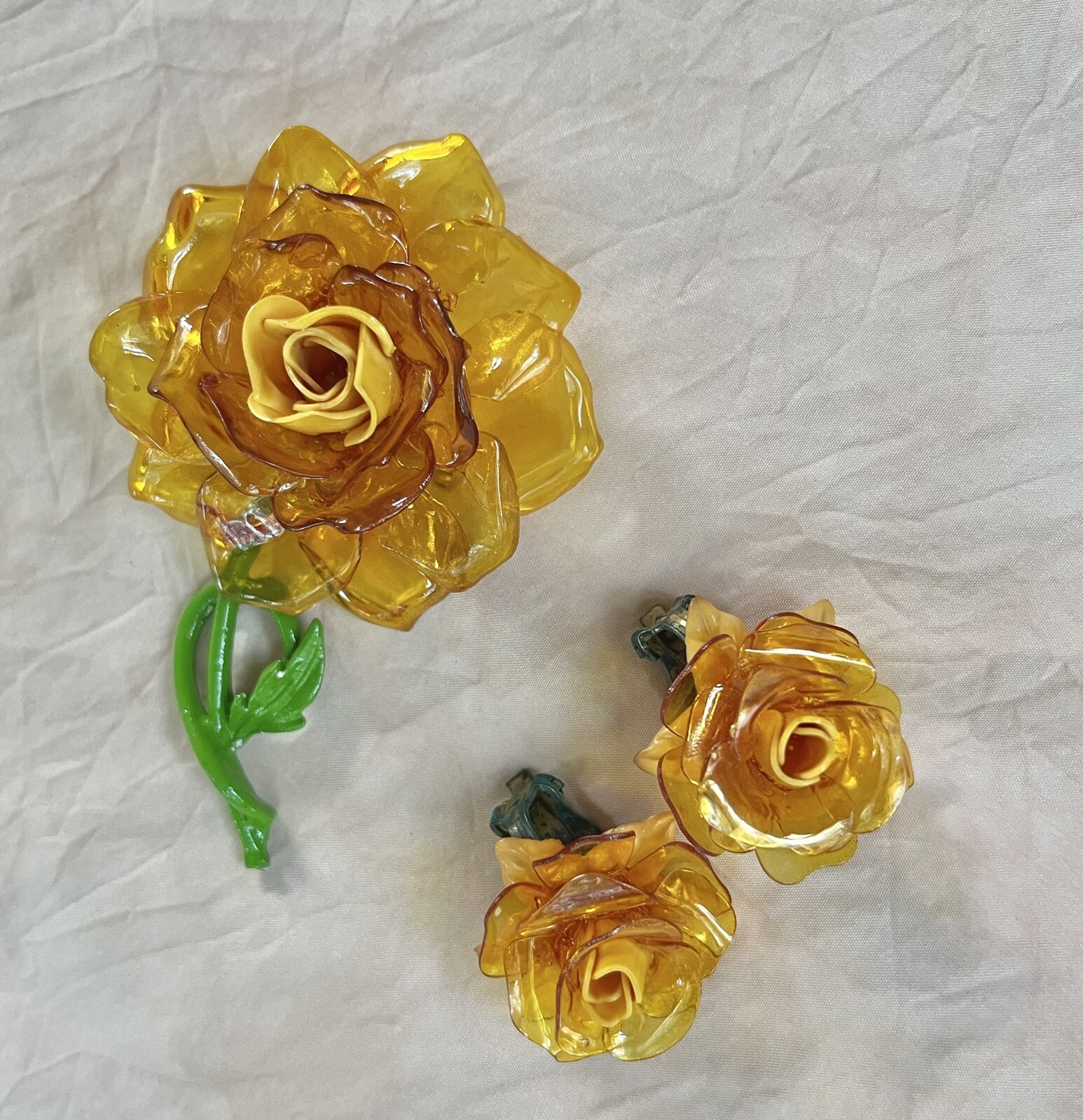 Vintage Flower Brooch Earring Lot Lucite Cellulose Acetate Plastic Yellow Roses