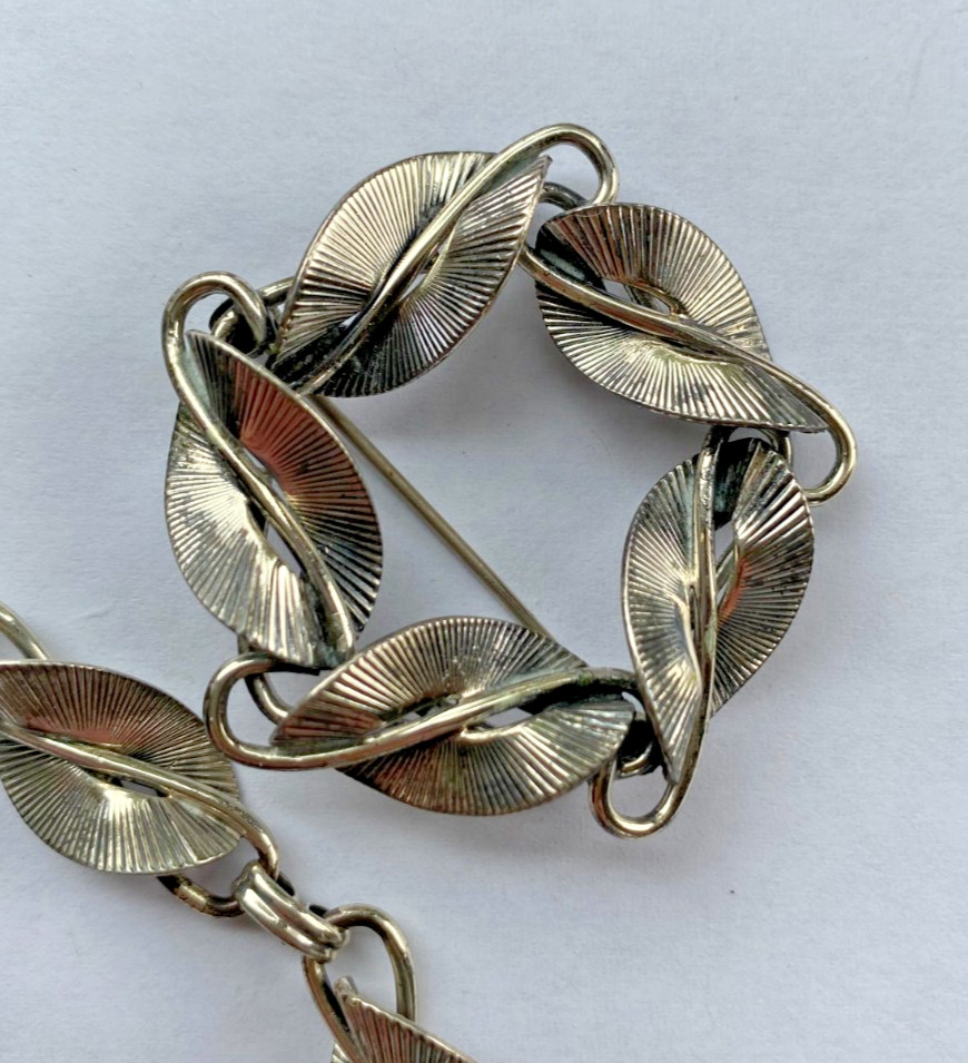 Signed Danecraft Sterling 925 Fancy Leaf Link Bracelet & Pin Brooch Set