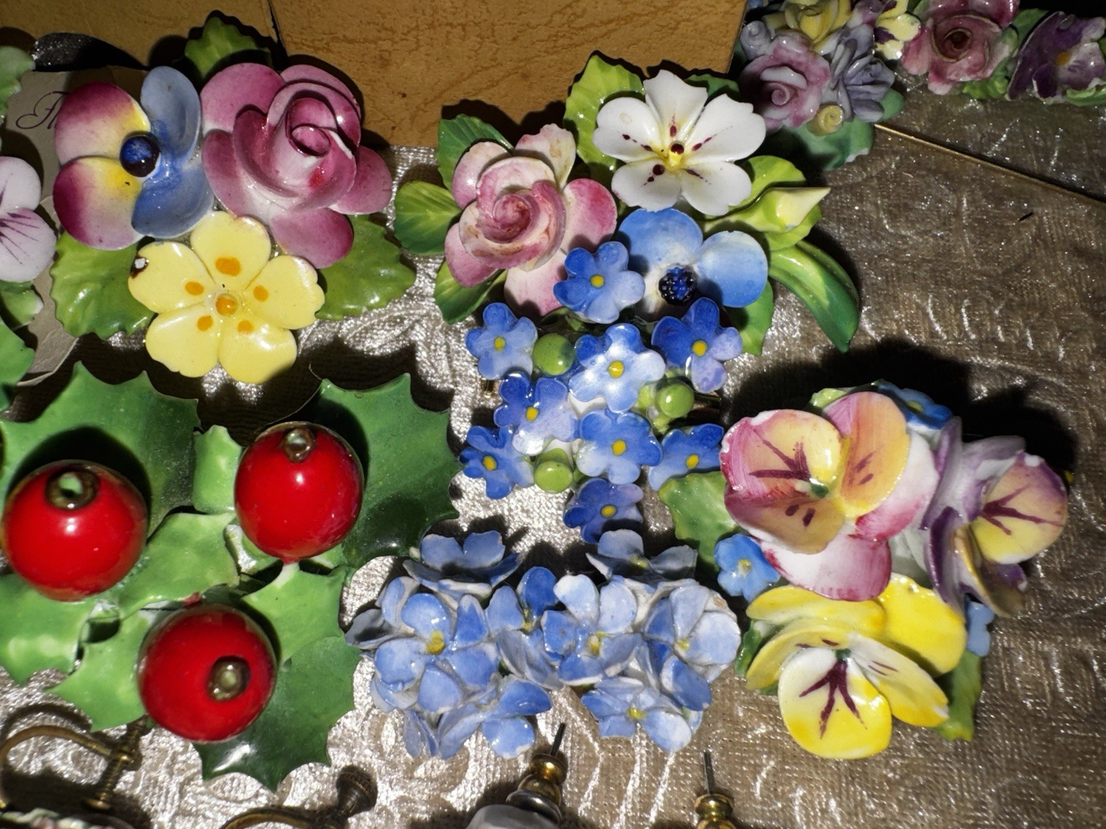 Vtg Jewelry Lot Signed English Fine Bone China Flower Art Brooch Earring Garden