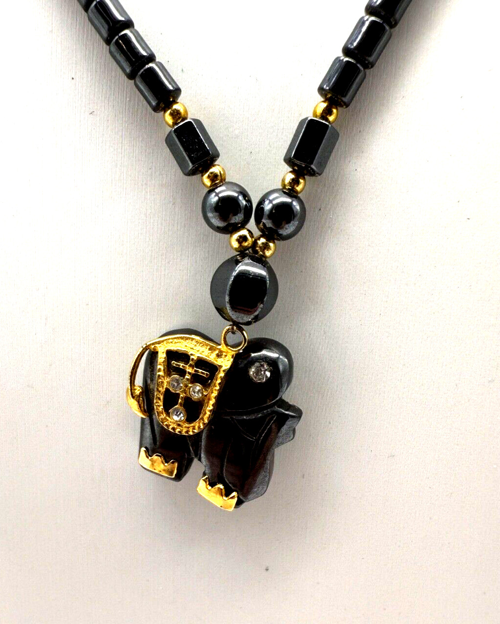 Vintage Hematite & Brass Lucky Elephant Necklace Amulet w/ fish hook clasp 16″
