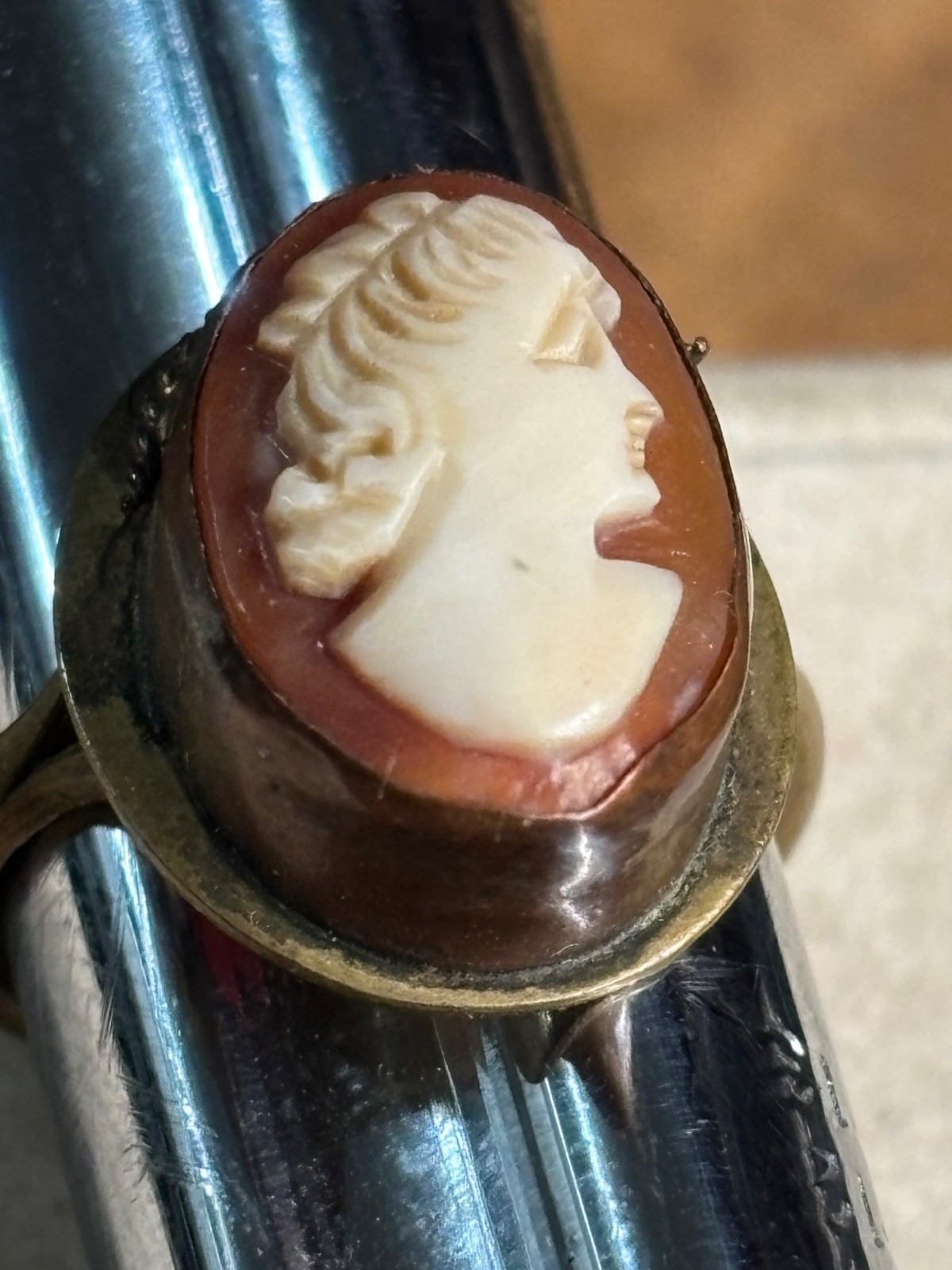 Antique GRAND TOUR 1920s-30s SHELL CAMEO hand carved VICTORIAN brass copper 5.25