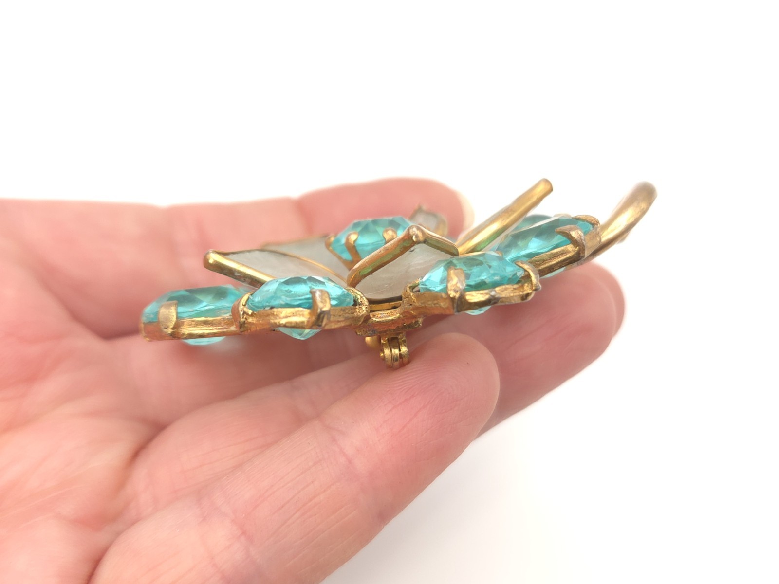 Vintage Art Deco Gold Gilt Aquamarine Blue Glass Paste Stone Flower Brooch Pin