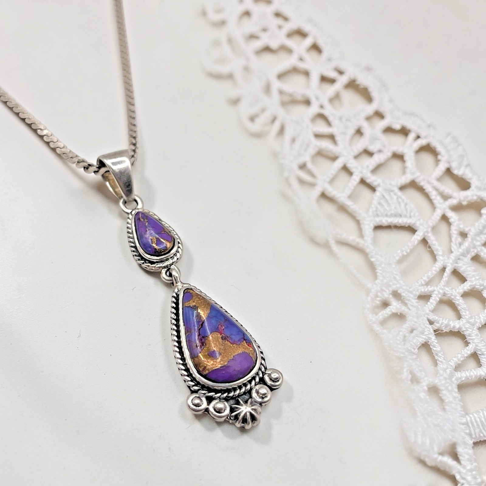 T Philippines Ornate 925 Sterling Copper Purple Gemstone Pendant Necklace, 16.5″