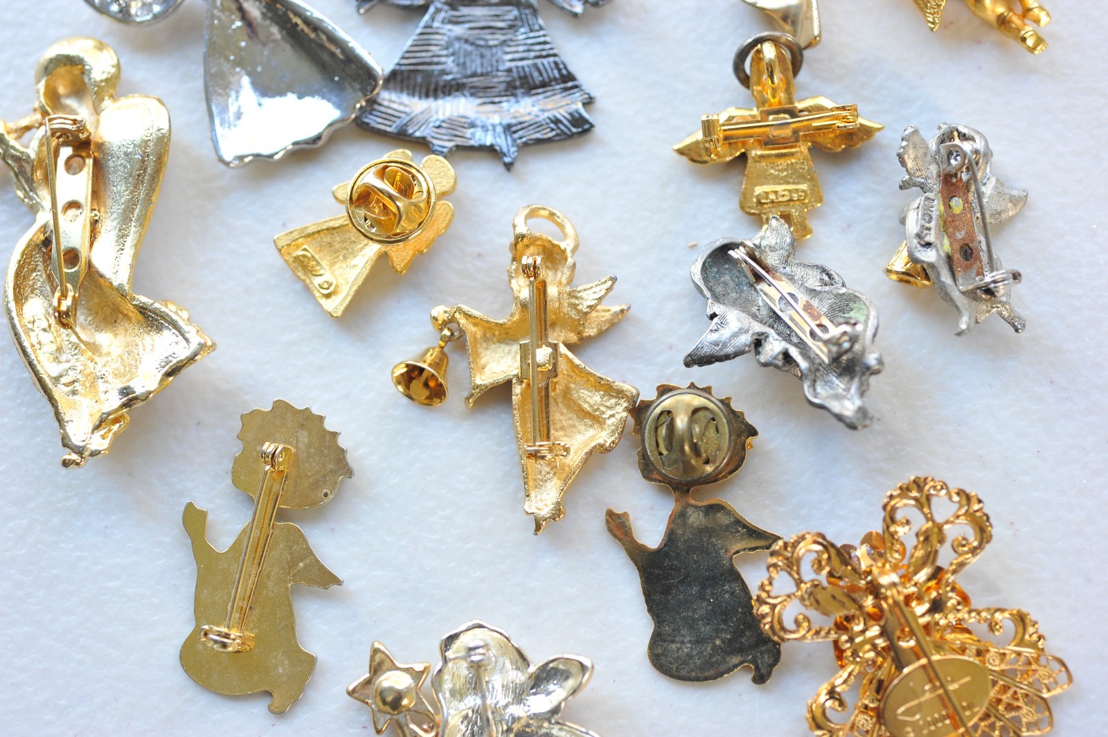 Large LOT ANGELS BROOCH pin gold silver rhinestone enamel 1 signed jane MN12