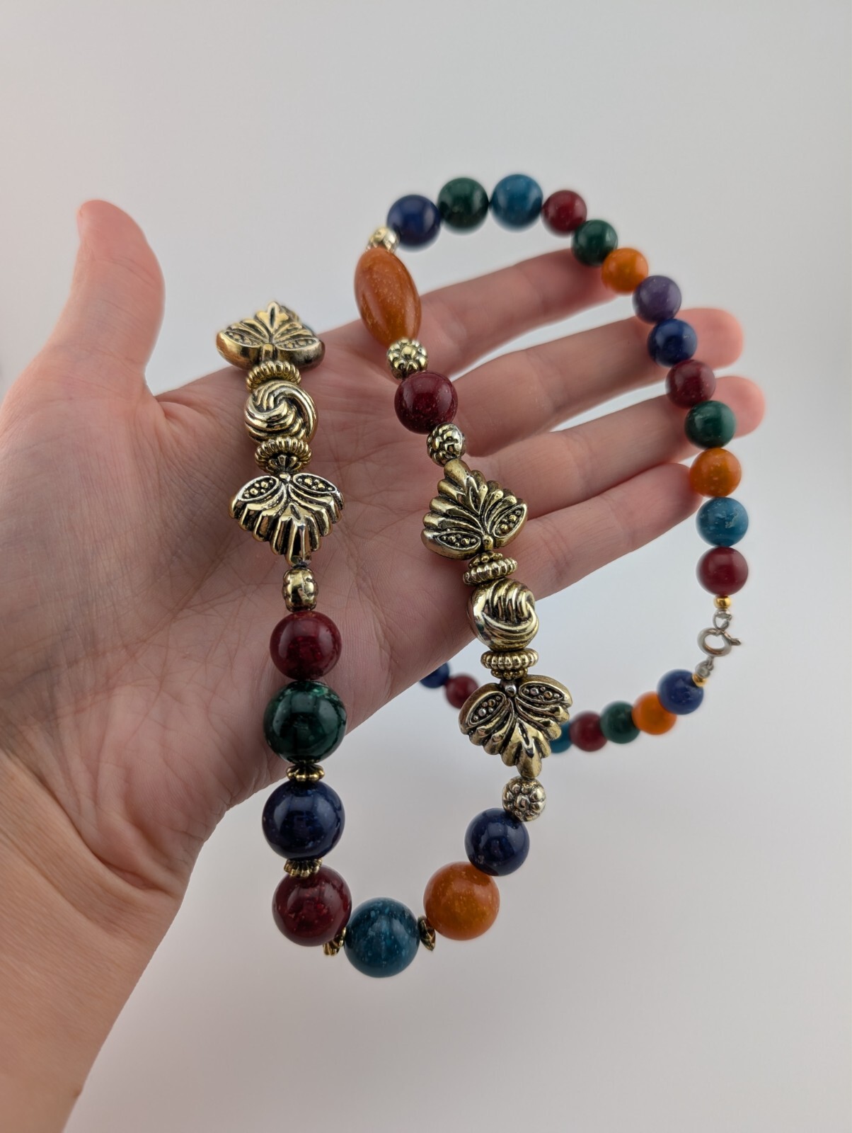 Vintage Light Gold Tone Colorful Speckled Resin Plastic Beaded Necklace 25 in