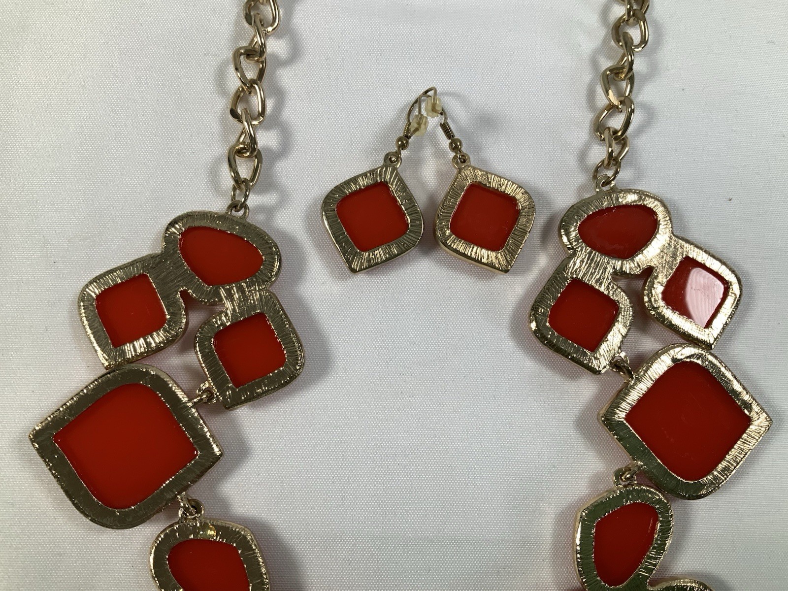 Vintage Mika Red Gold Tone Bib Statement Necklace & Earrings Set