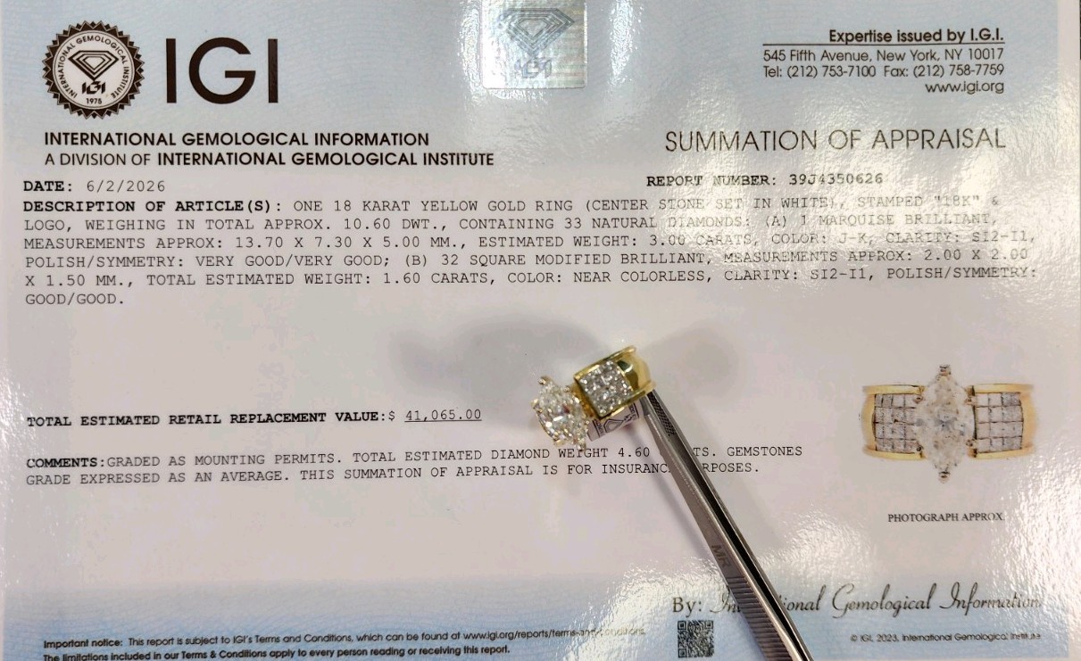 18k Gold Engagement Ring 3.0ct. Natural Marquise Diamond IGI Certified **$41k**