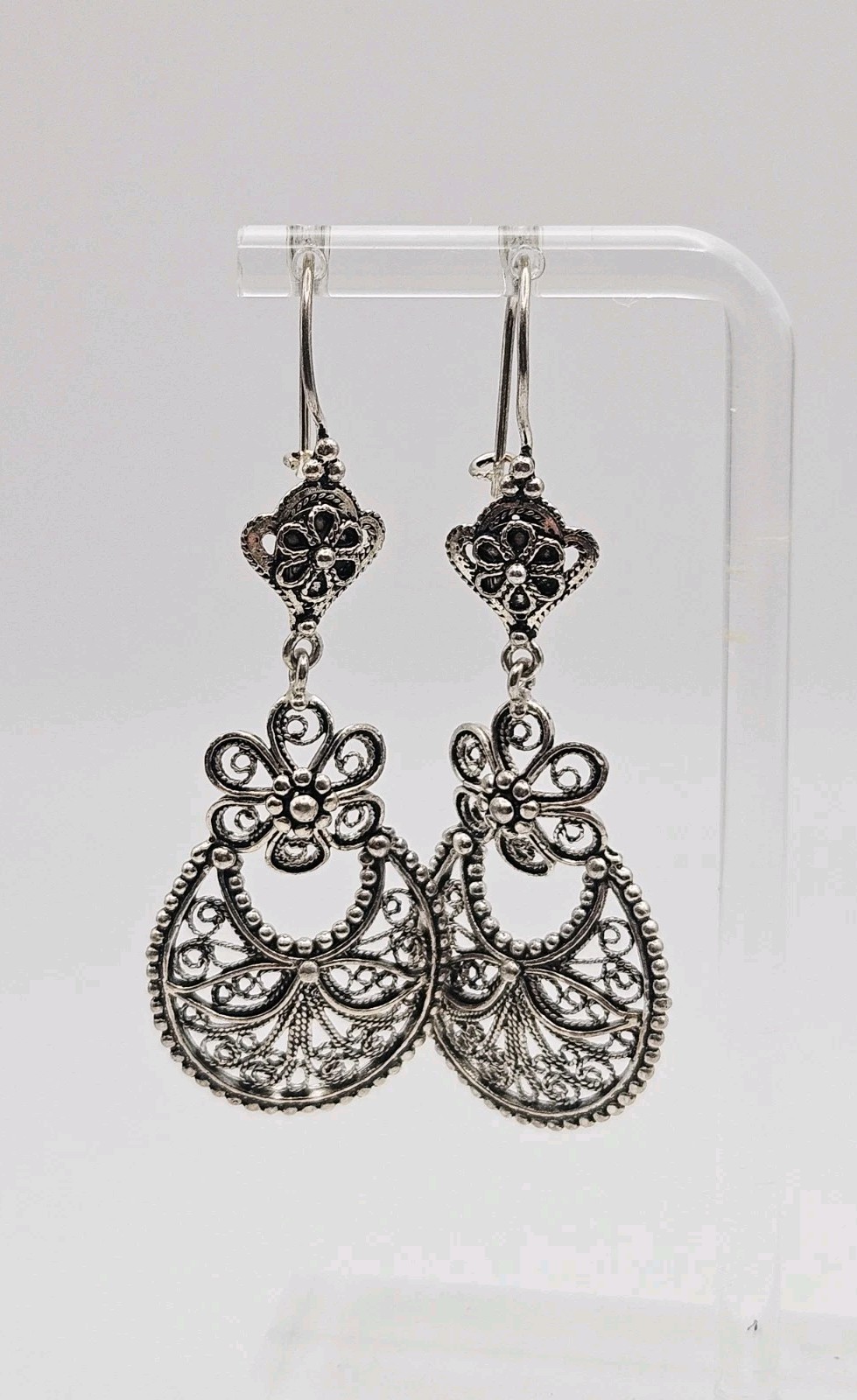 DGS Turkey Sterling Silver Filigree Floral Dangle Earrings 2.60″