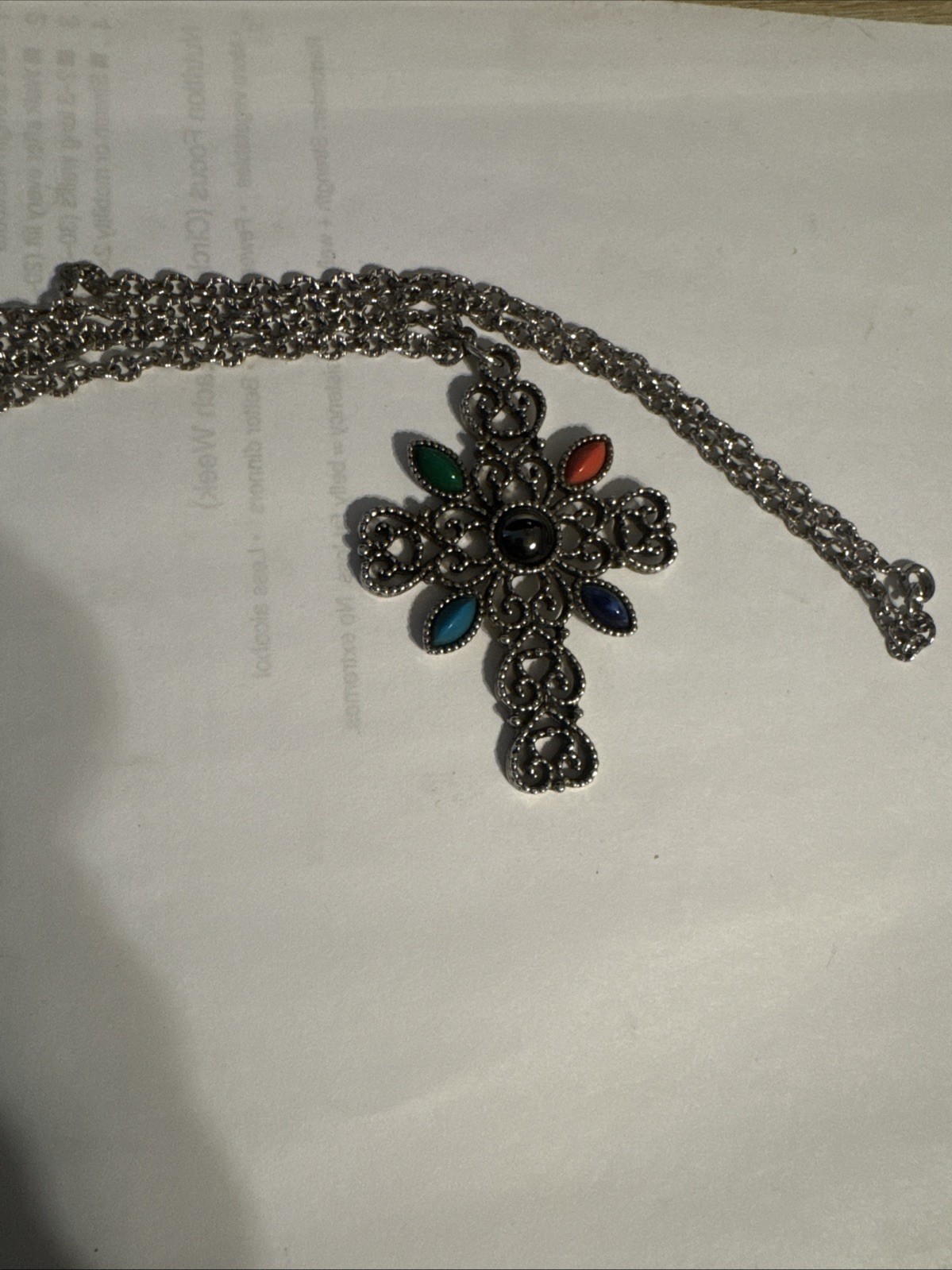 Vintage Avon Multicolor Silvertone Cross Pendant W/24″ Chain