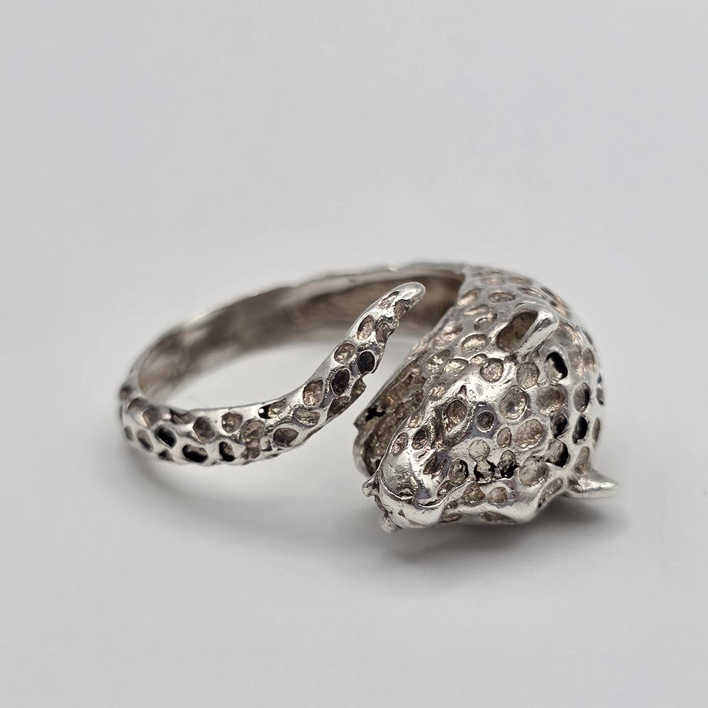 Vintage Adjustable 925 Sterling Silver Leopard Cheetah Big Cat Wrap Ring sz 7.5