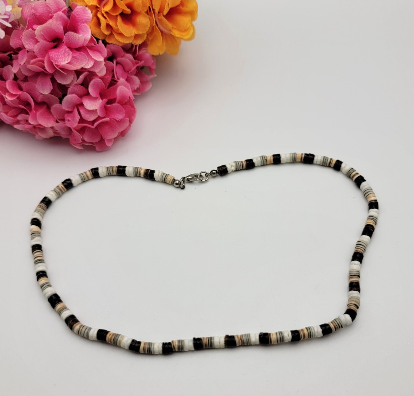 Vintage Stone And Shell Multicolor Heishi Necklace 18″ Unisex Adult Boho Surfer