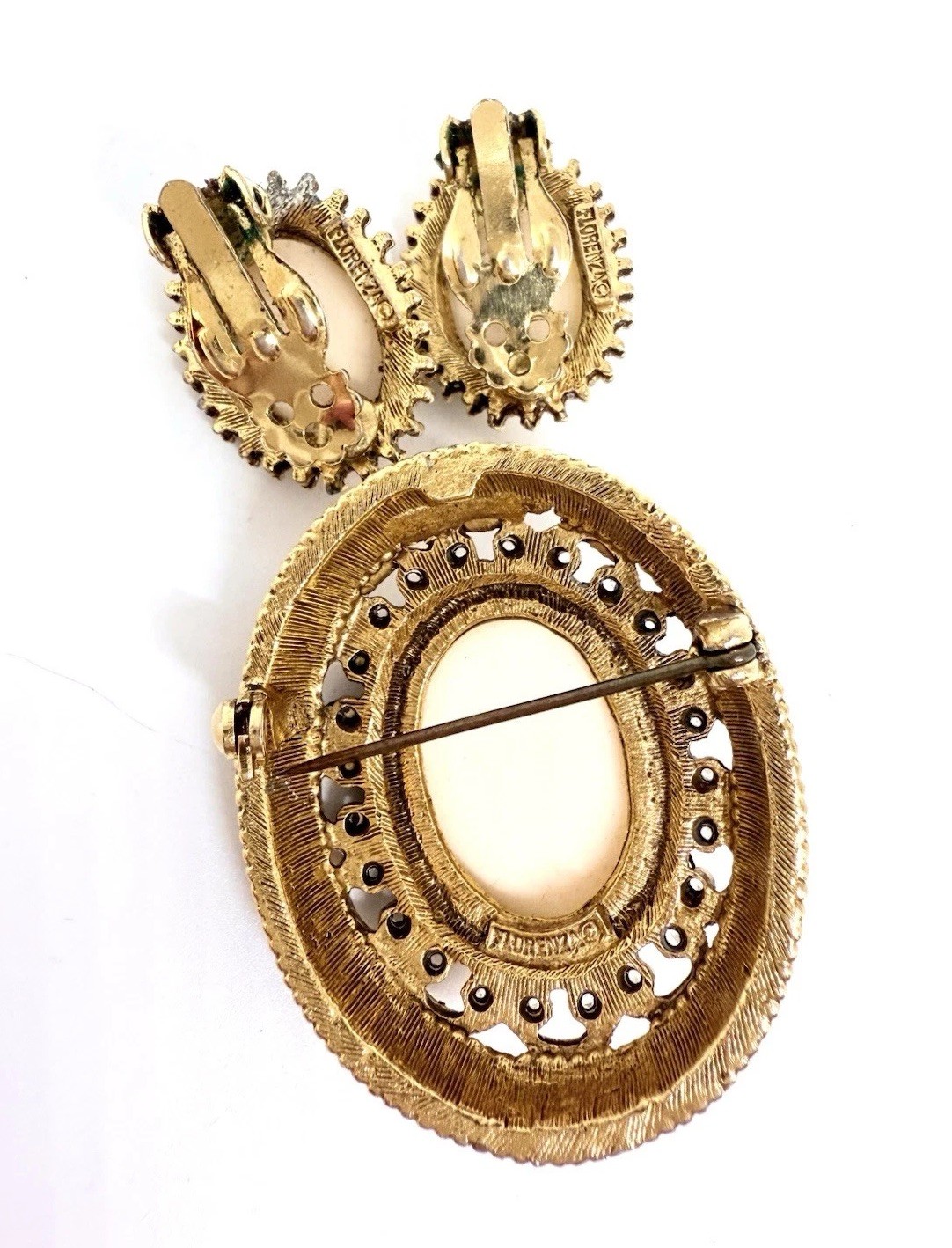 FLORENZA Ornate Cameo Brooch & Earrings Demi Signed Vintage Jewelry