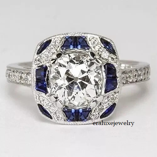 Art Deco Style Lab Created Diamond & Sapphire Engagement 14K White Gold FN Ring
