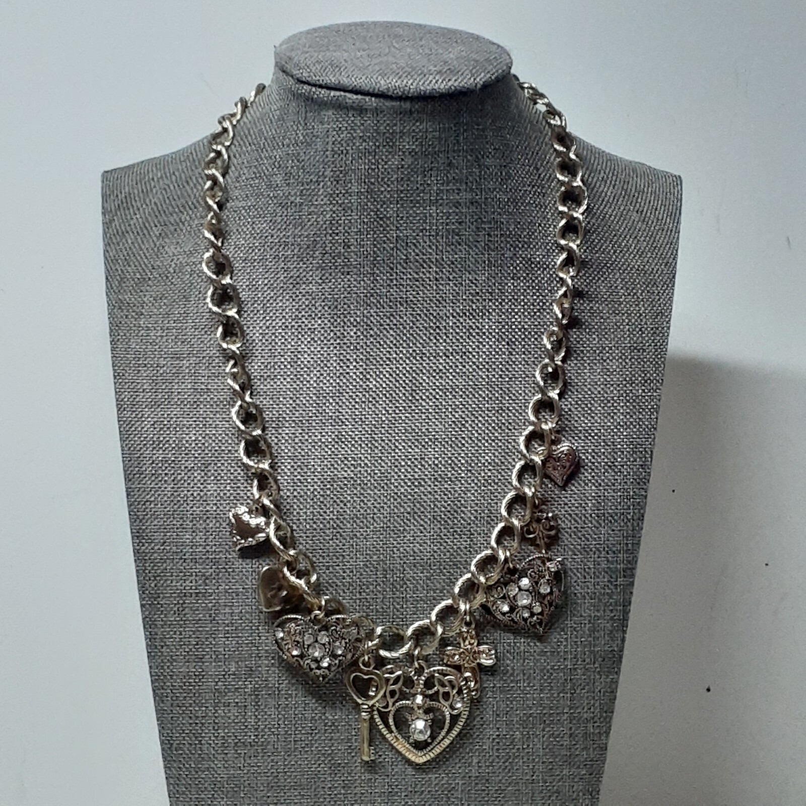 VTG Chain Charm Necklace Hearts Keys Cross Rhinestones Lobster Clasp 18″