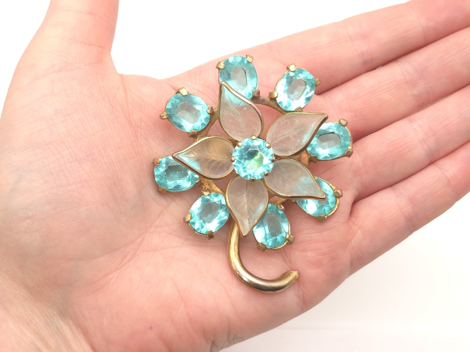 Vintage Art Deco Gold Gilt Aquamarine Blue Glass Paste Stone Flower Brooch Pin