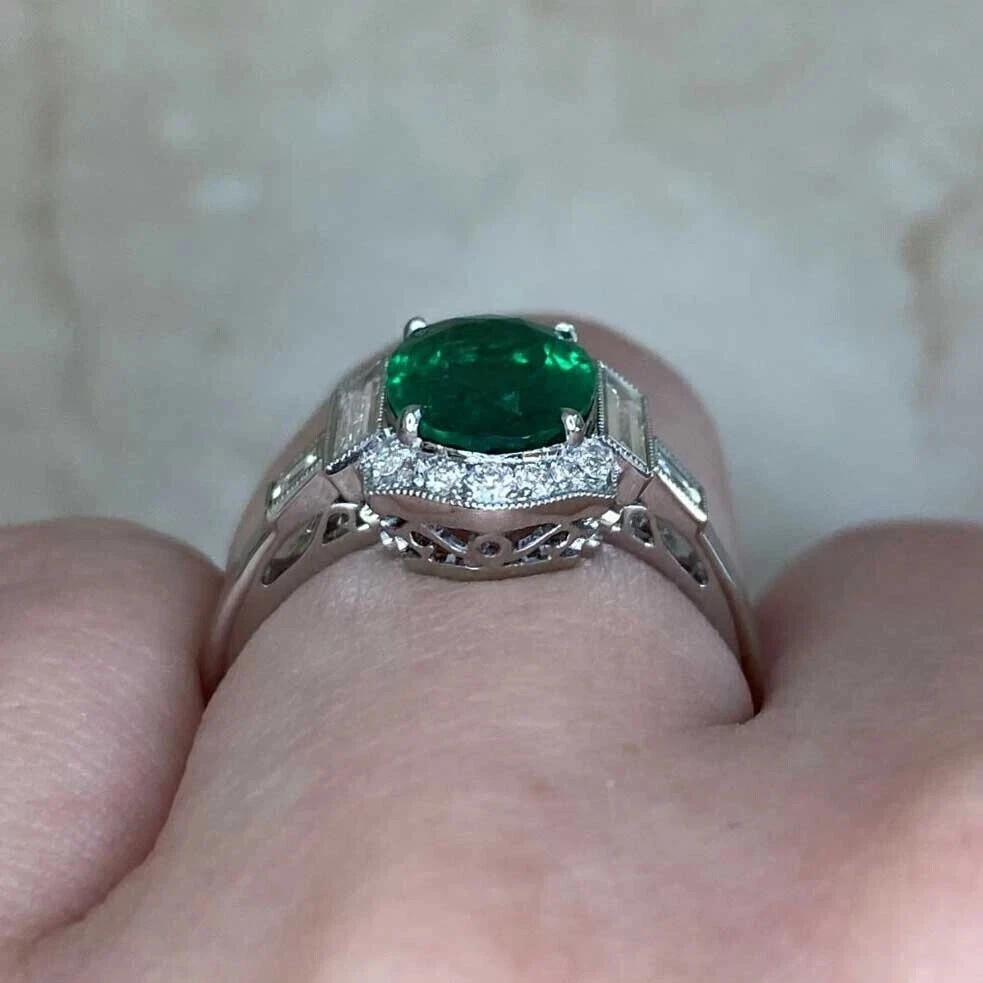 4.25Ct Art Deco Style Lab Created Emerald Engagement 14K White Gold Finish Ring