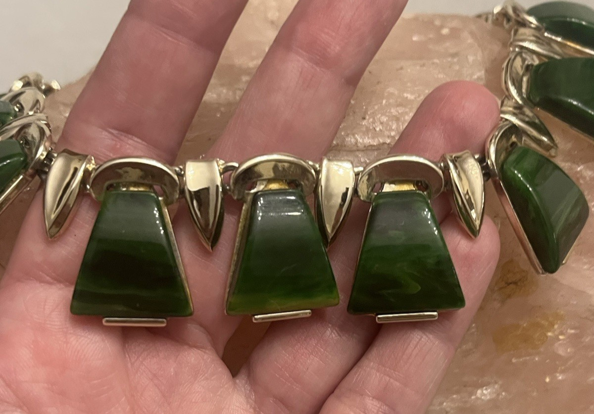Vintage CHAREL Spinach Green Bakelite, Egyptian Revival, Necklace, Simi Tested!