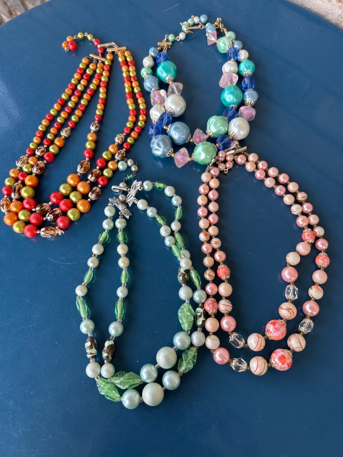 Lot Of 4 Vintage JAPAN Multi strand Necklaces Greens Multi Colored Blues Pinks