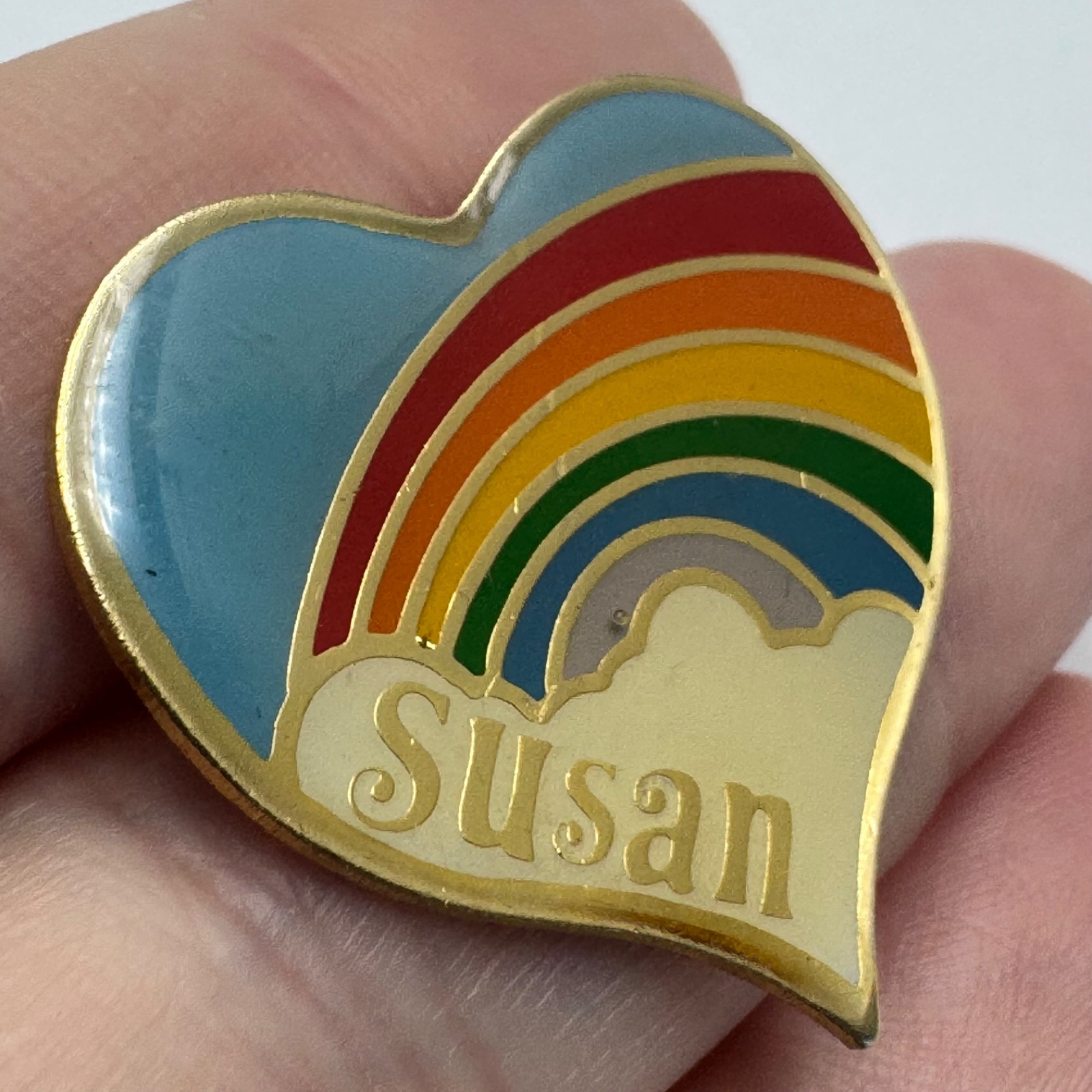 Susan Rainbow Heart Enamel Lapel Pin Gold Tone Personalized Vintage