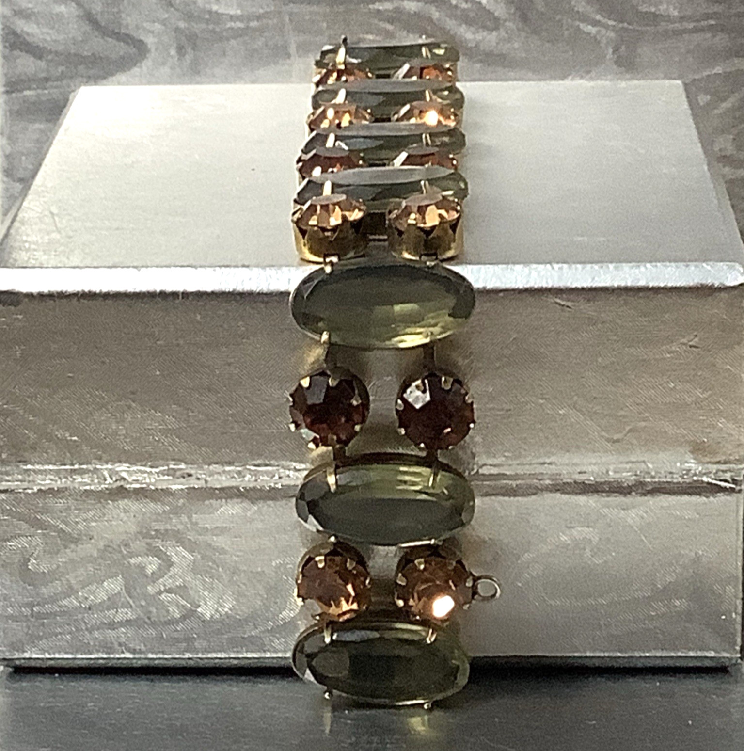 Vintage Signed Regency Golden Brown and Sage Green Crystal Bracelet 7″