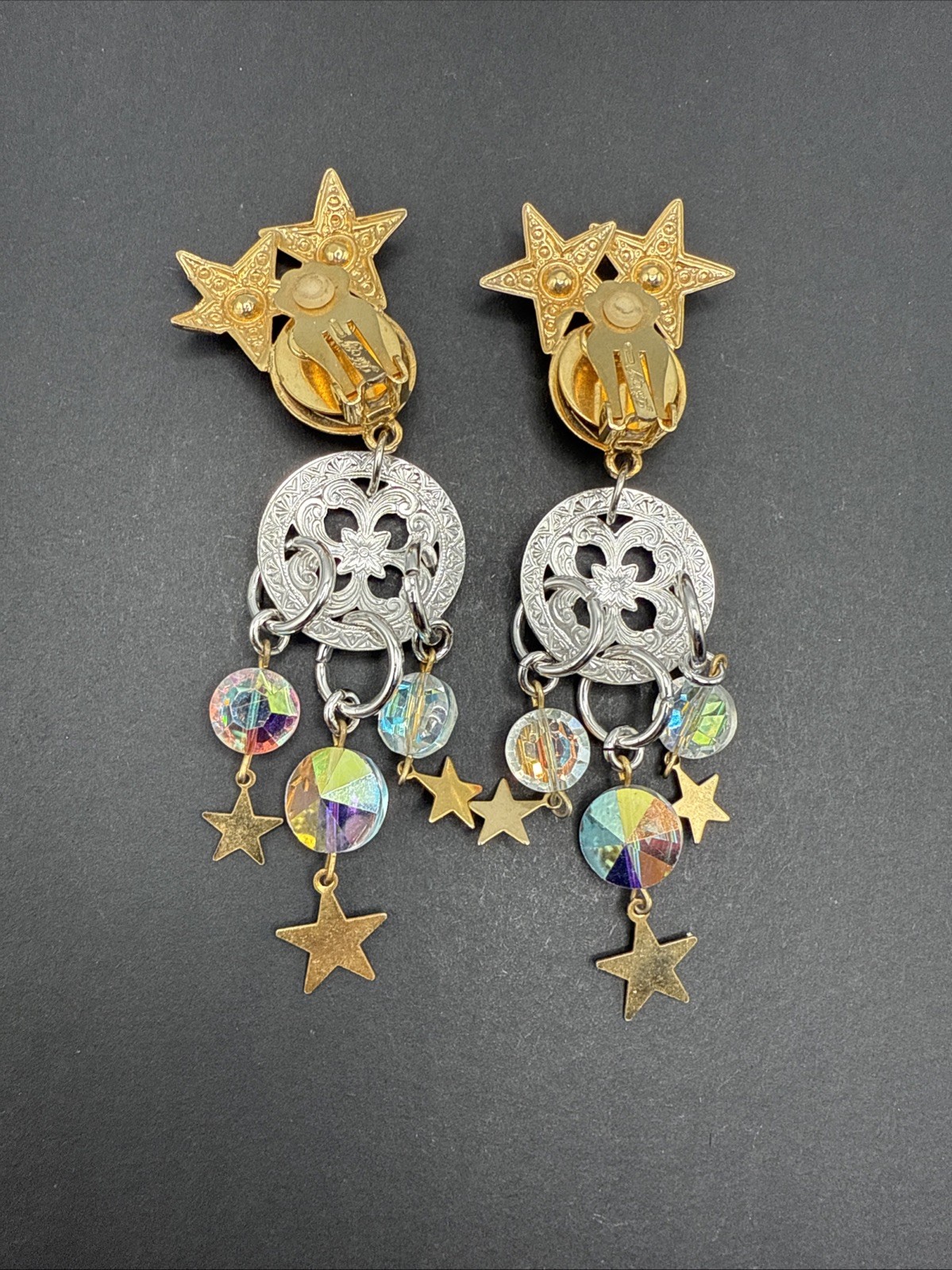 Kirks Folly Signed Silver Gold Tone Dangle Stars Moon Crystal Earrings C81