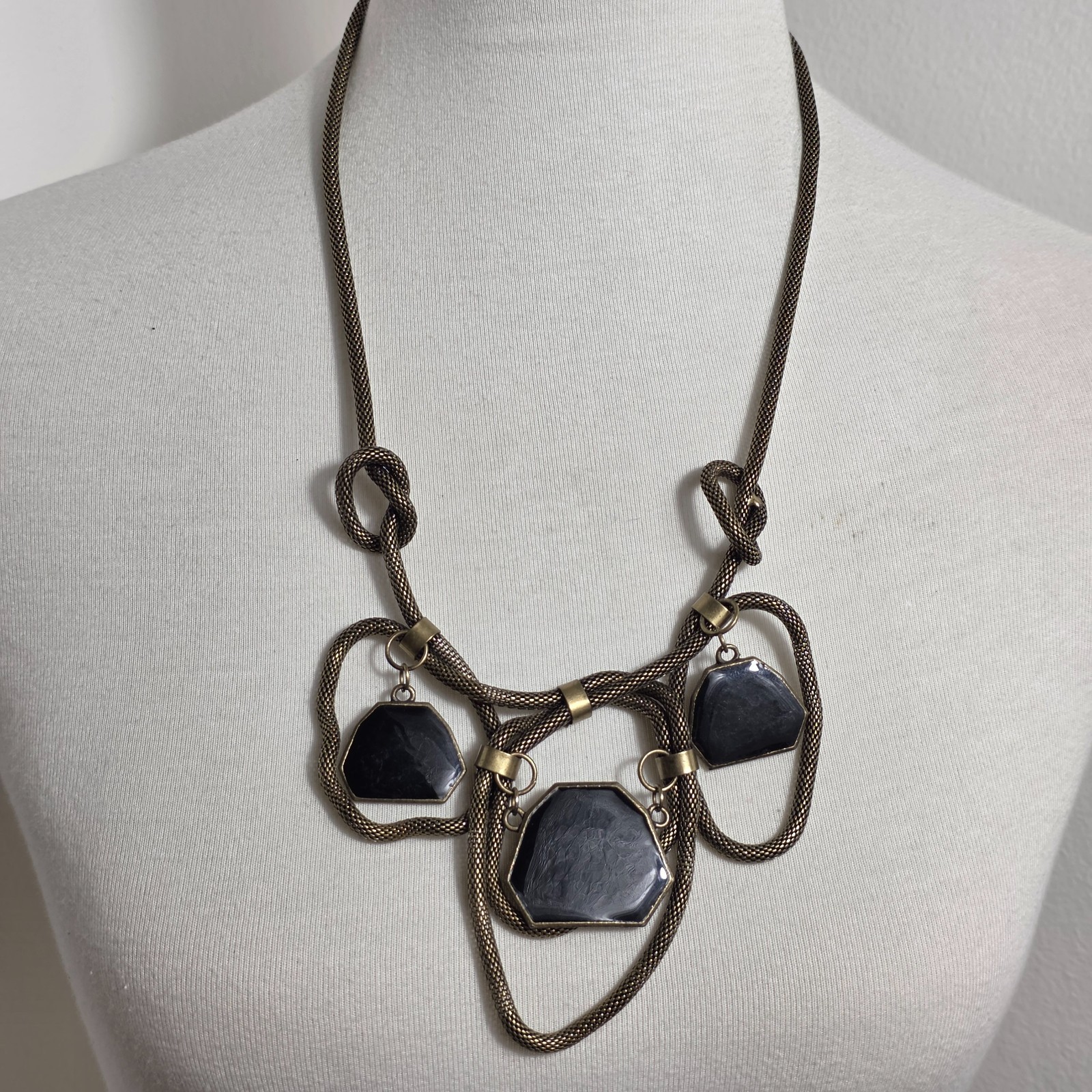 Brass-Tone Statement Necklace Thick Mesh Chain Geometric Rein Black Pendants